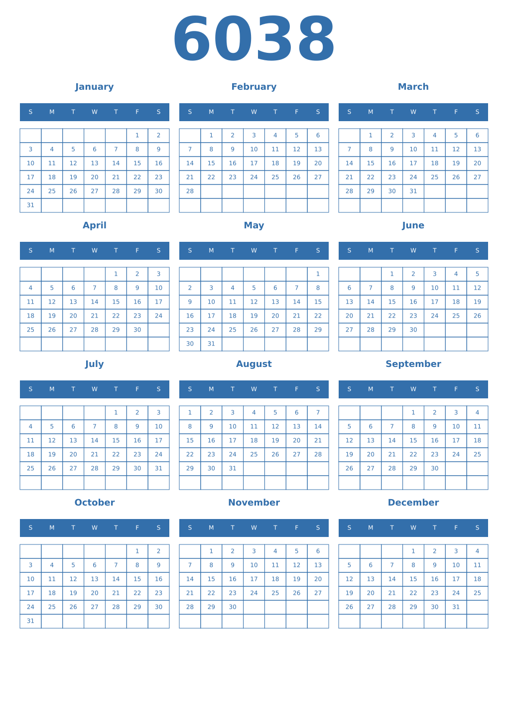 Printable 6038 Year Calendars blue