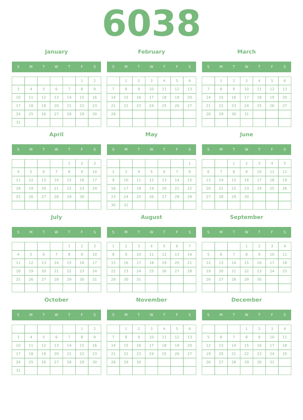 Printable 6038 Year Calendars celadon