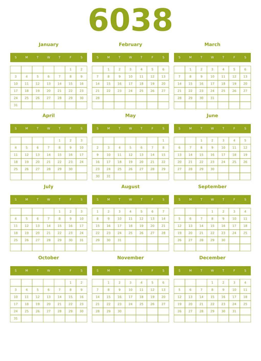 Printable 6038 Year Calendars chartreuse