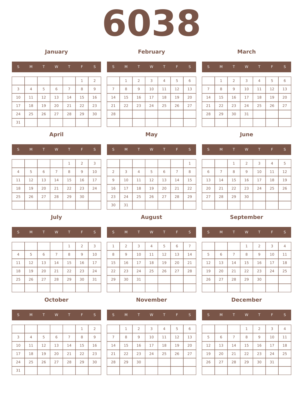 Printable 6038 Year Calendars coffe