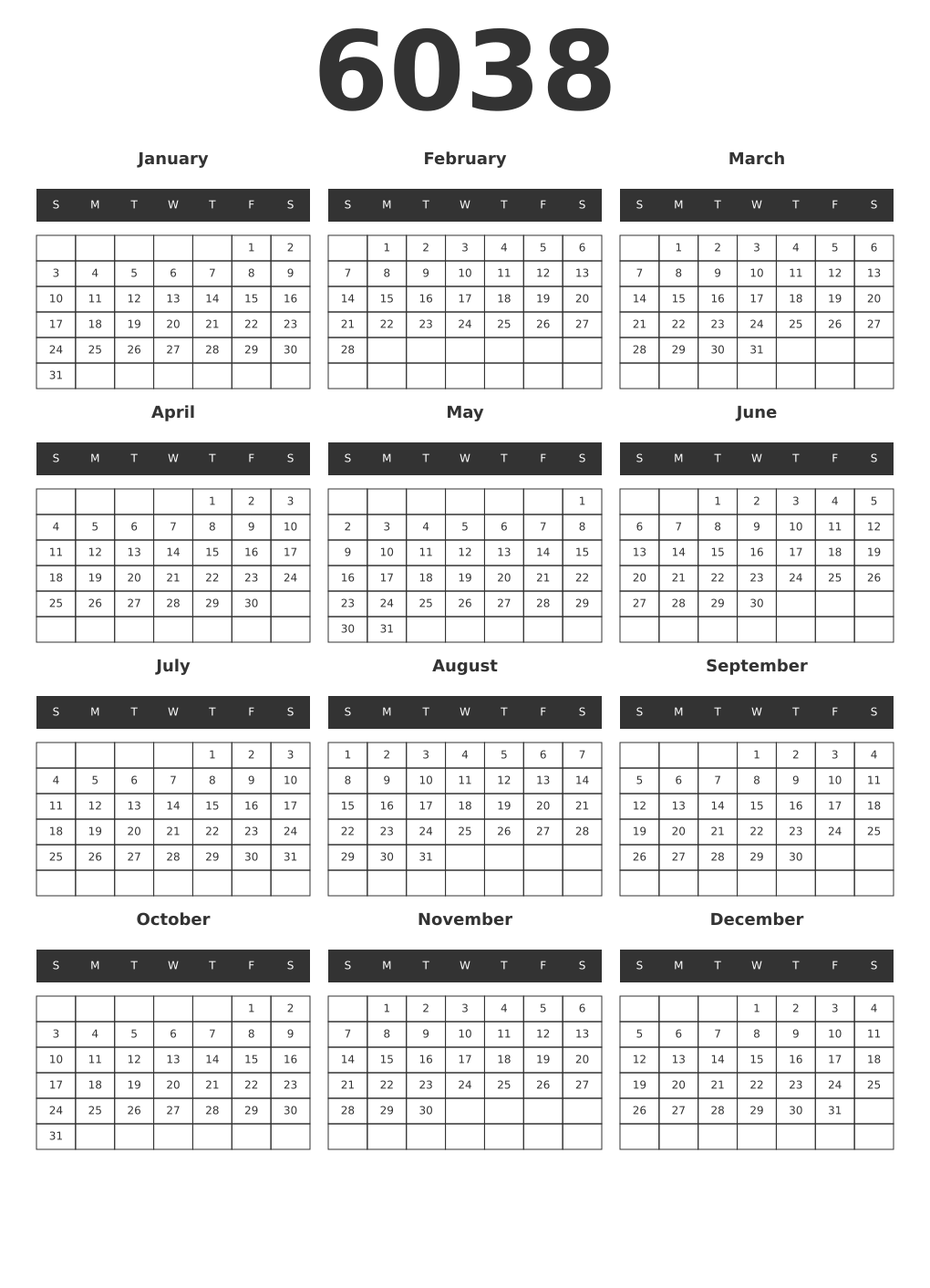 Printable 6038 Year Calendars dark