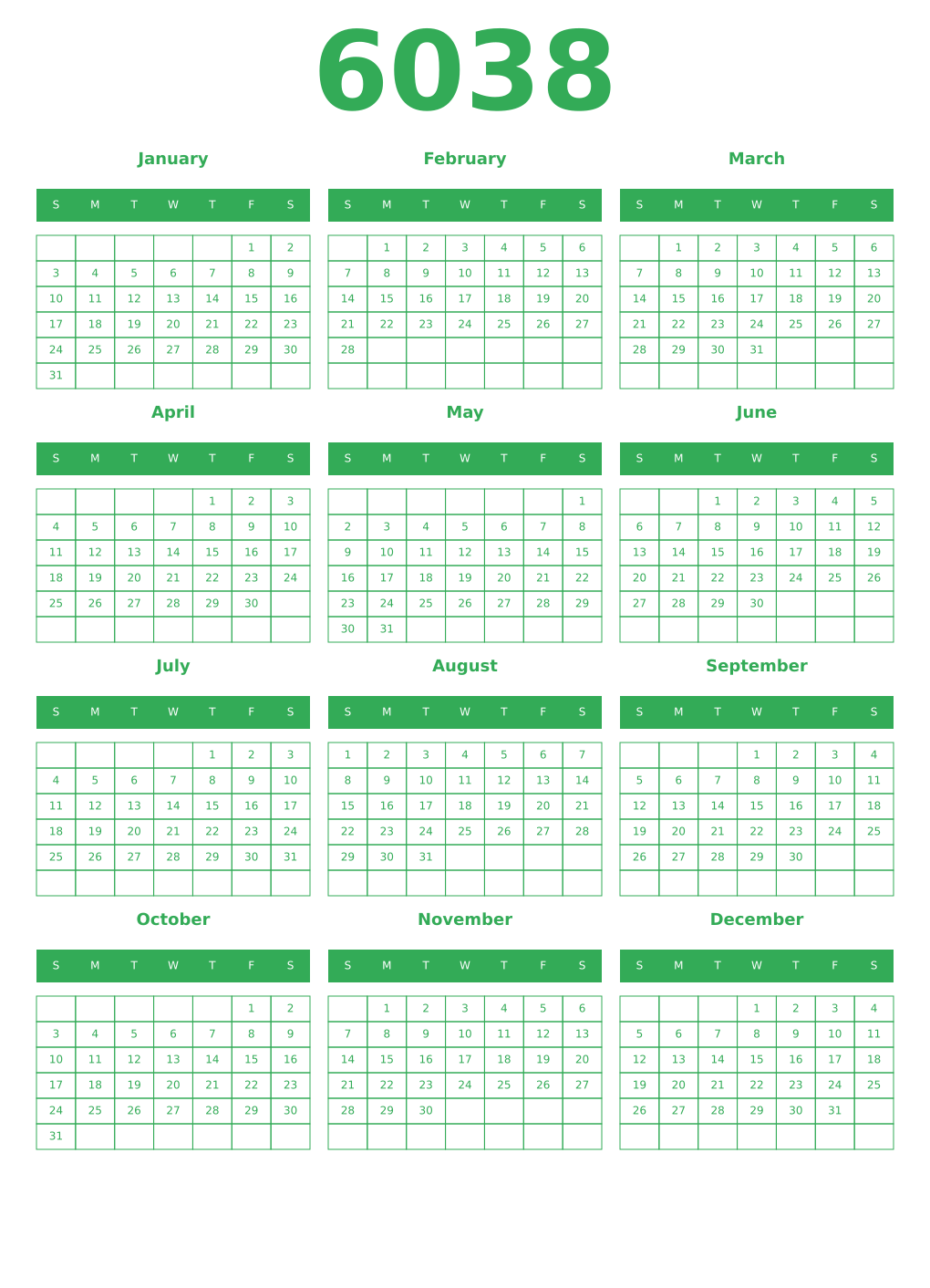 Printable 6038 Year Calendars green