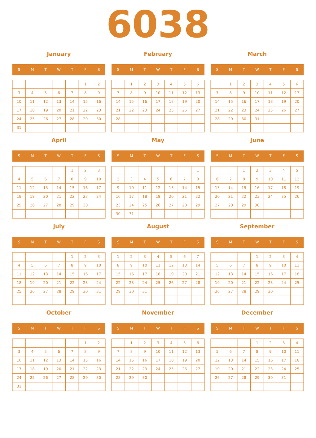 Printable 6038 Year Calendars orange