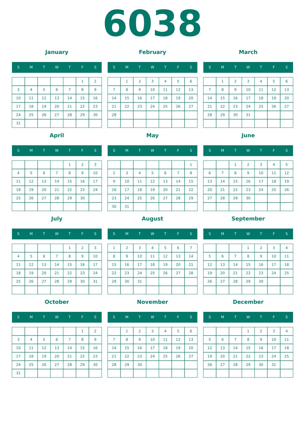 Printable 6038 Year Calendars pastel