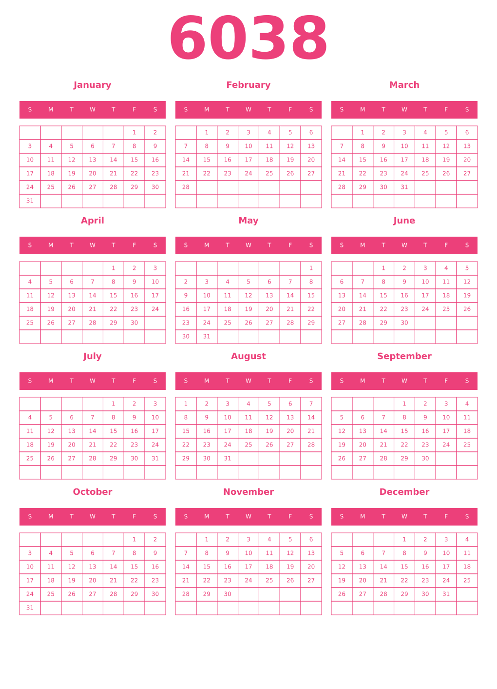 Printable 6038 Year Calendars pink