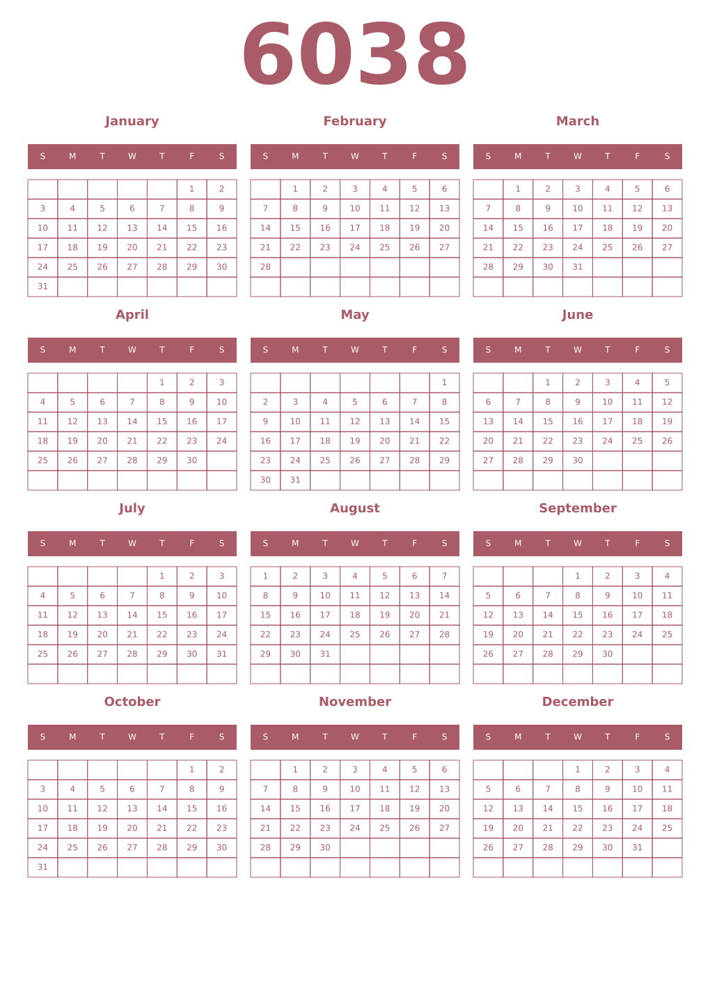 Printable 6038 Year Calendars puce