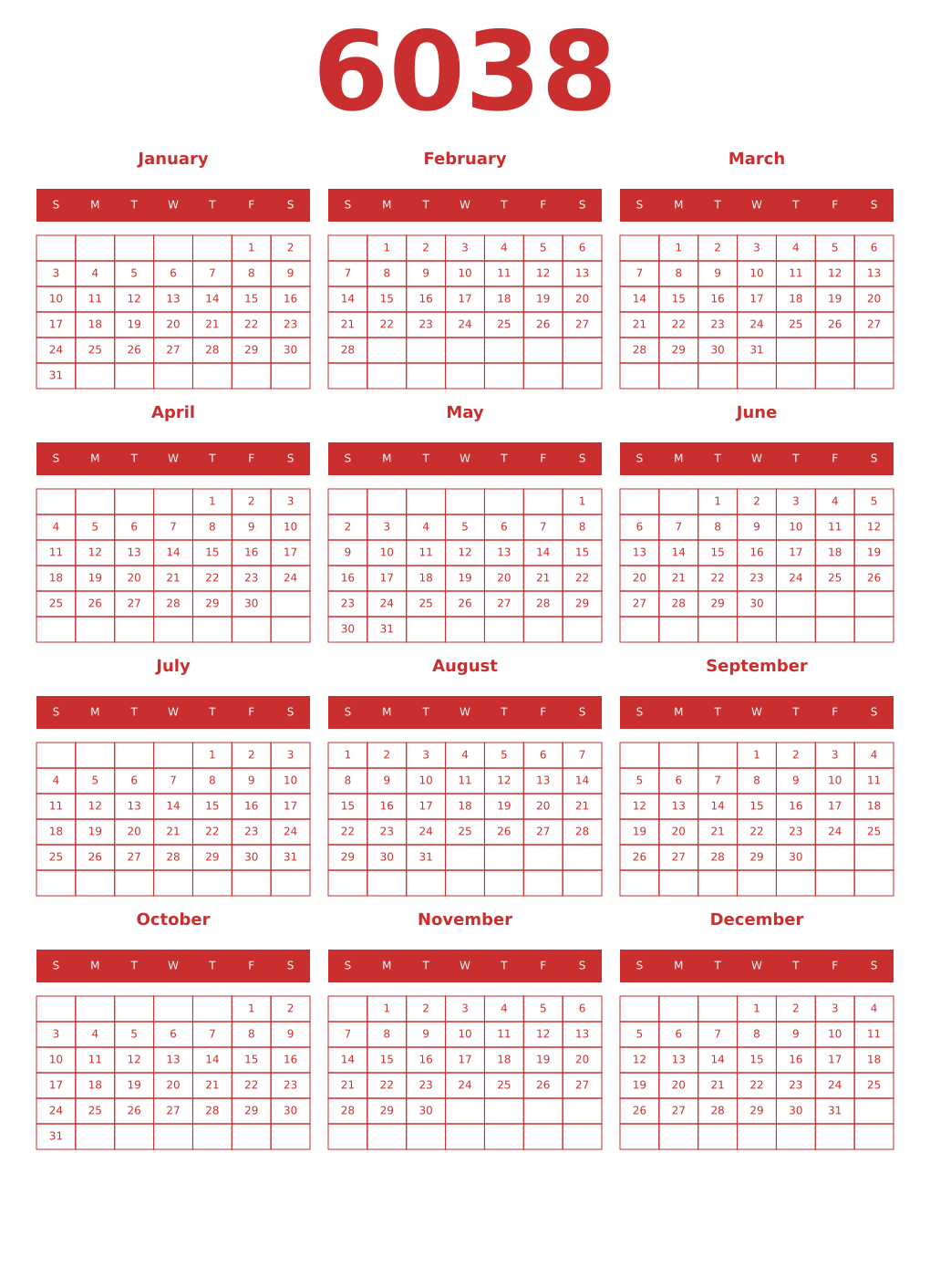 Printable 6038 Year Calendars red