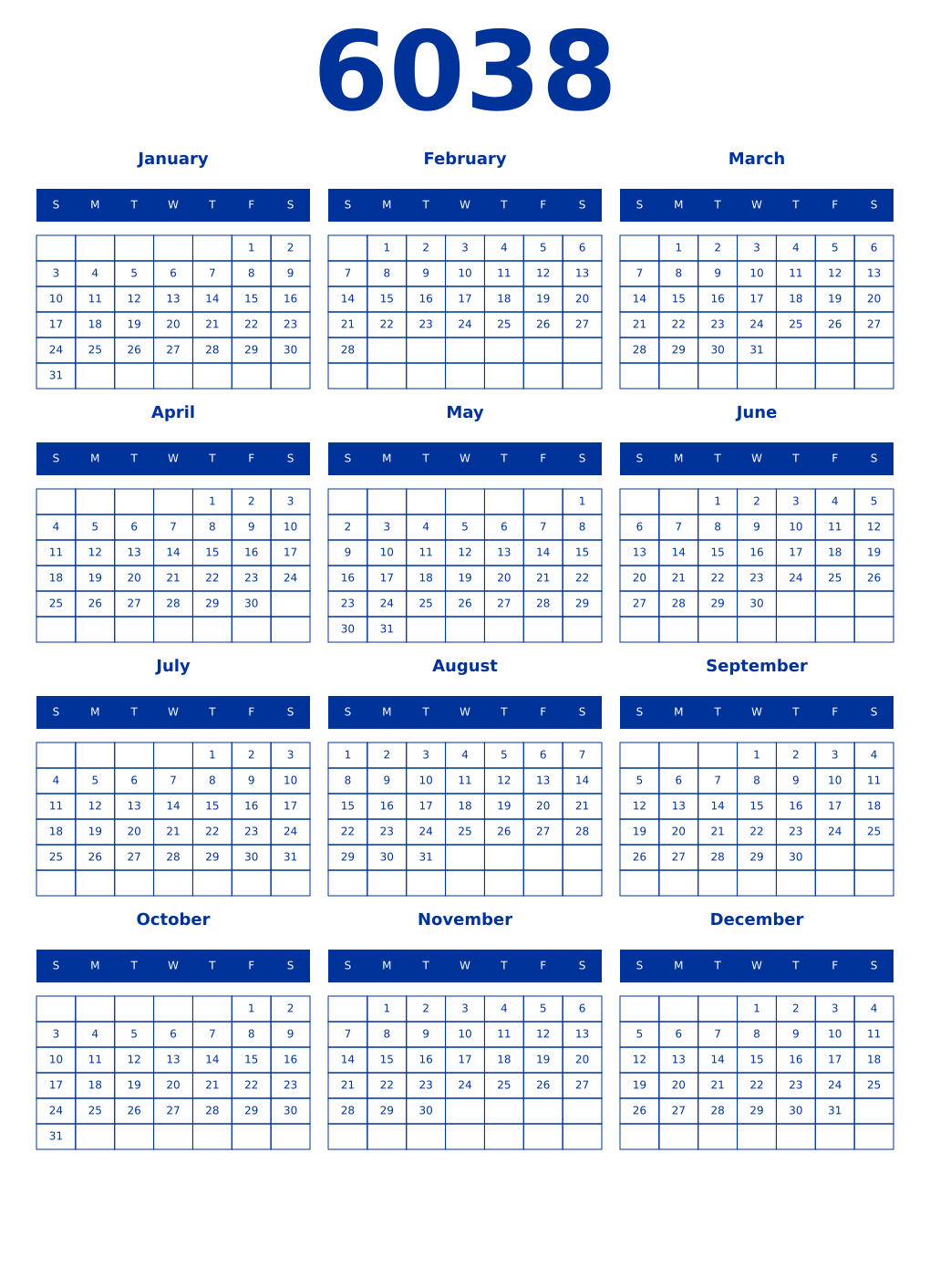 Printable 6038 Year Calendars smalt
