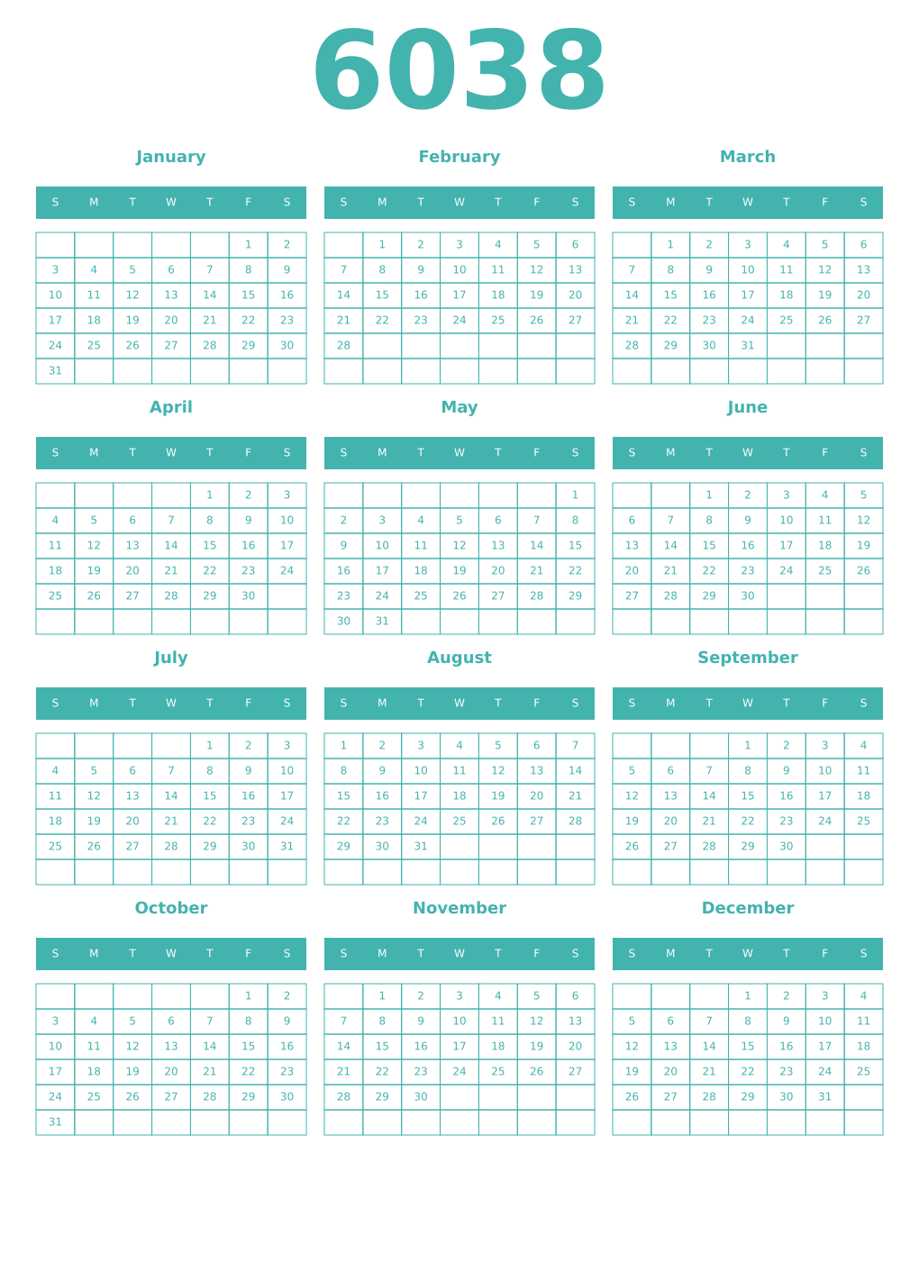 Printable 6038 Year Calendars verdigris