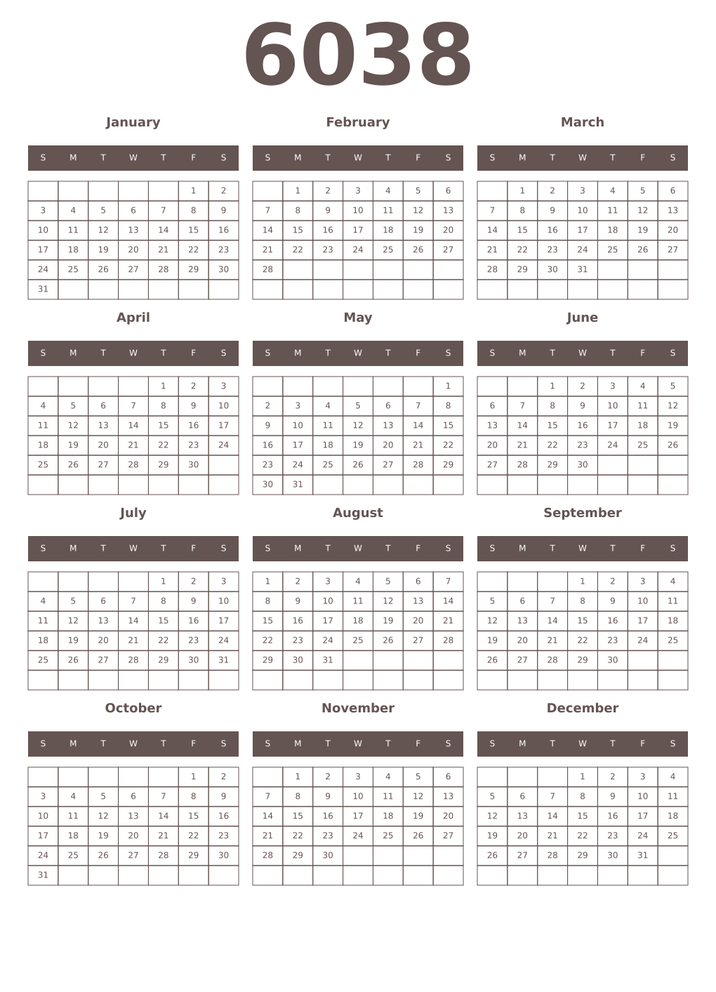 Printable 6038 Year Calendars wenge