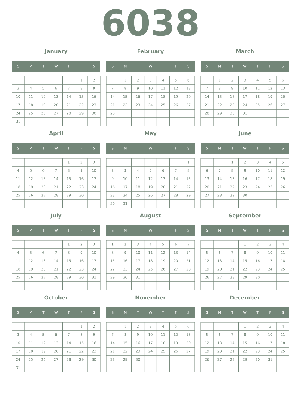 Printable 6038 Year Calendars xanadu
