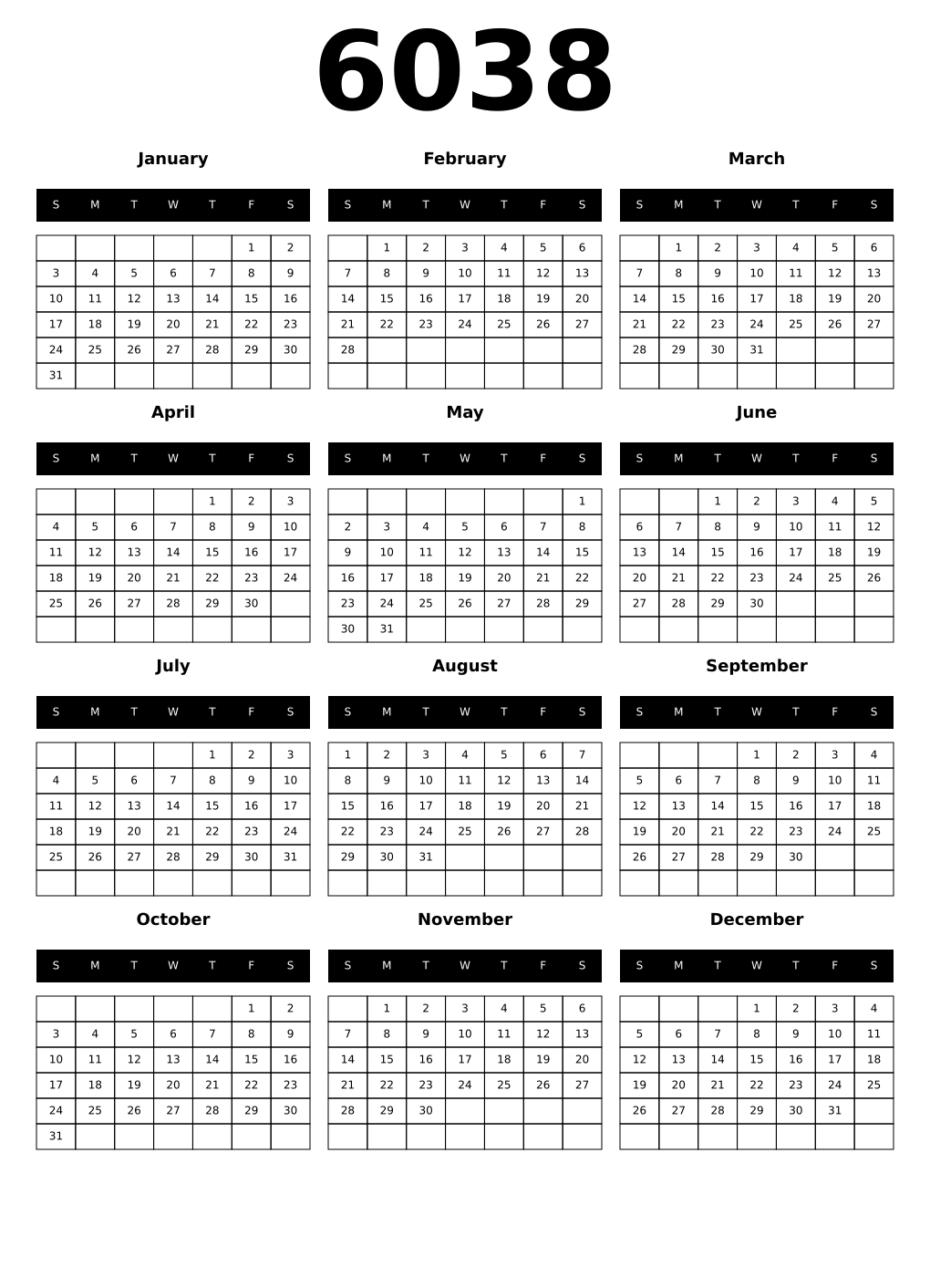 Printable 6038 Calendars