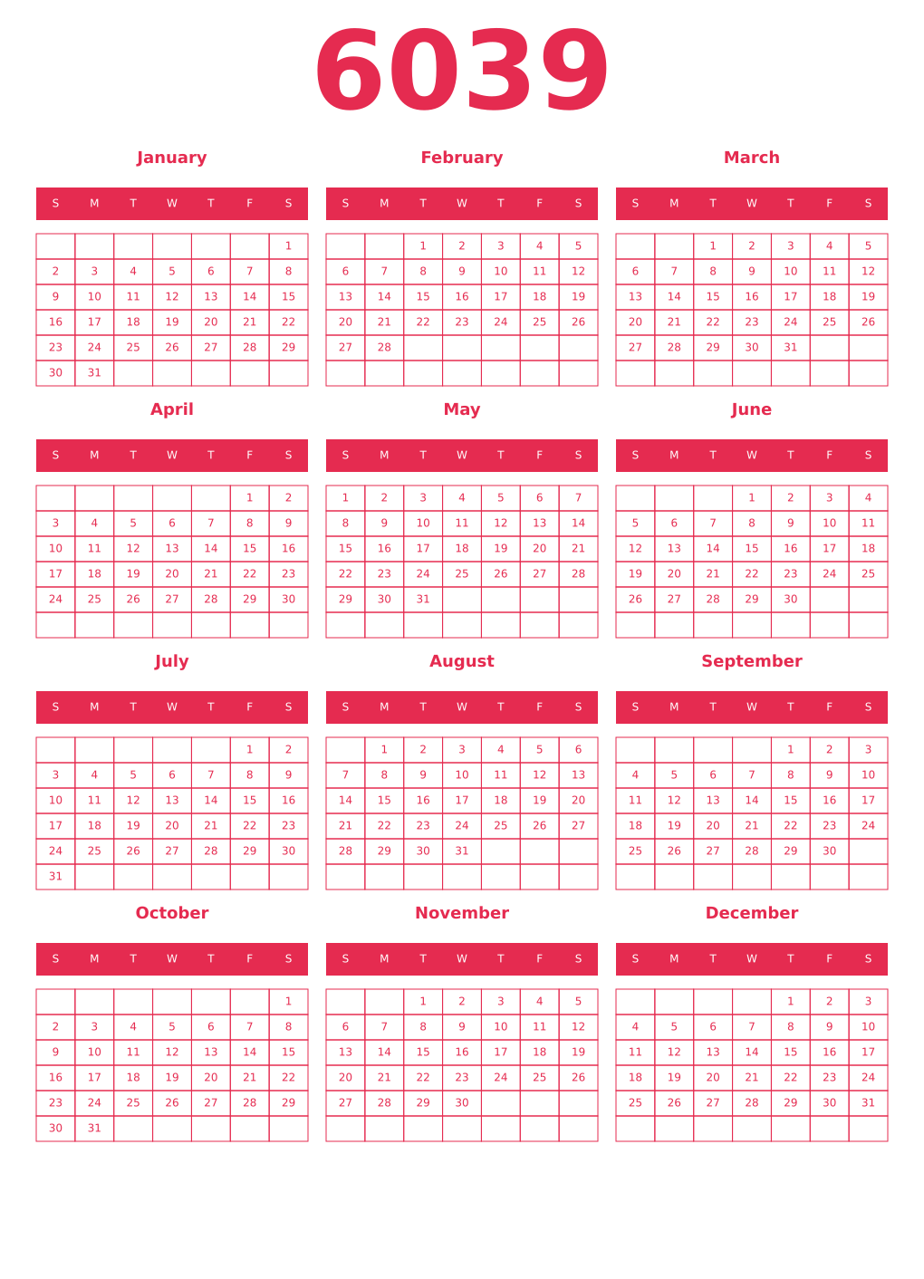 Printable 6039 Year Calendars amaranth