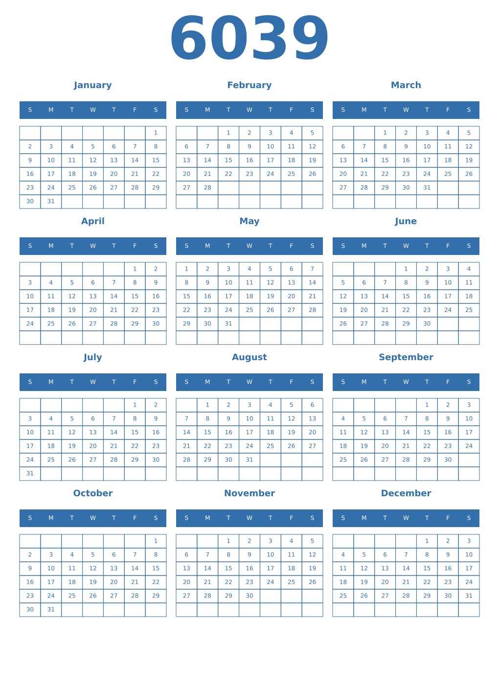 Printable 6039 Year Calendars blue