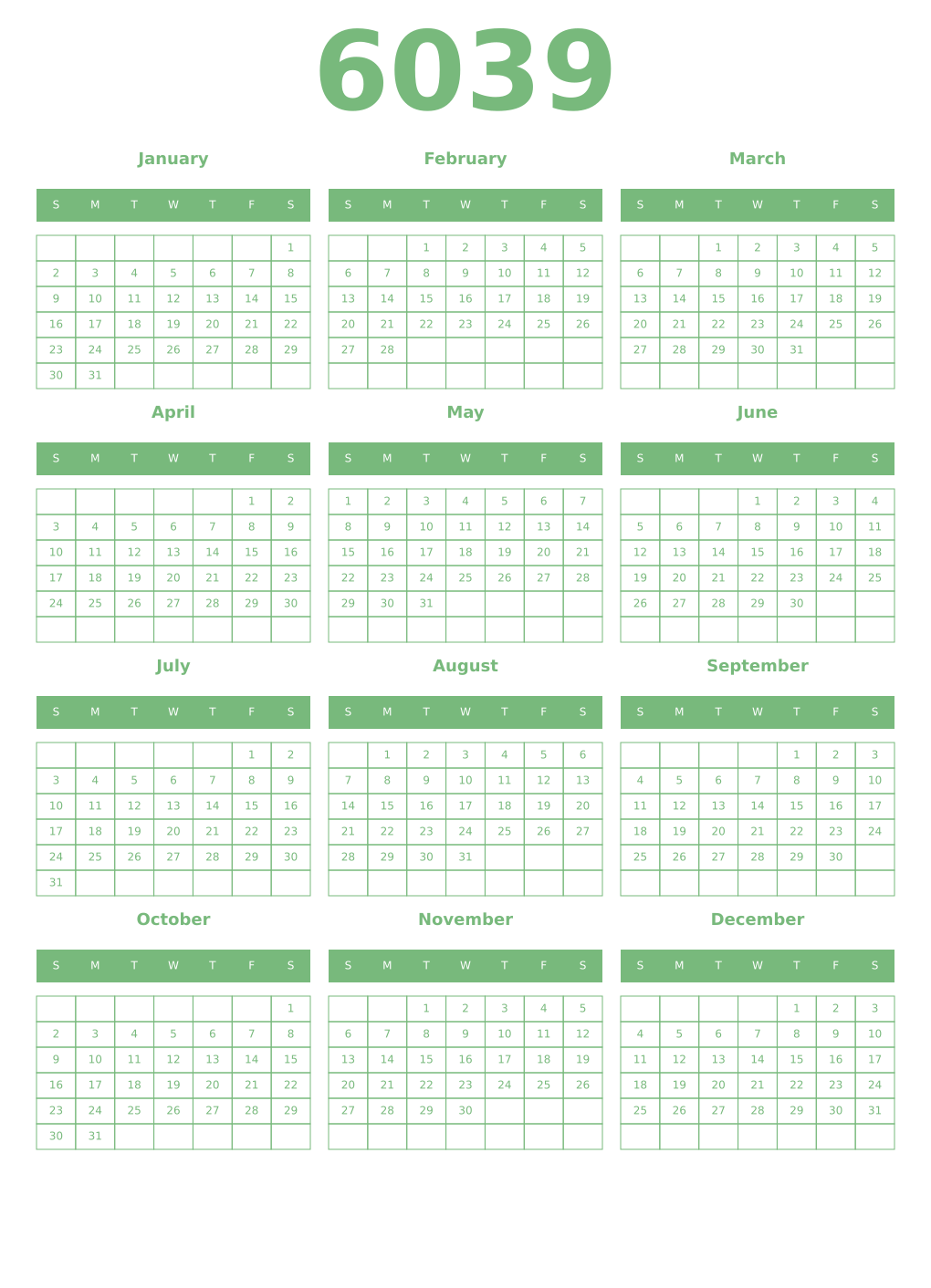 Printable 6039 Year Calendars celadon