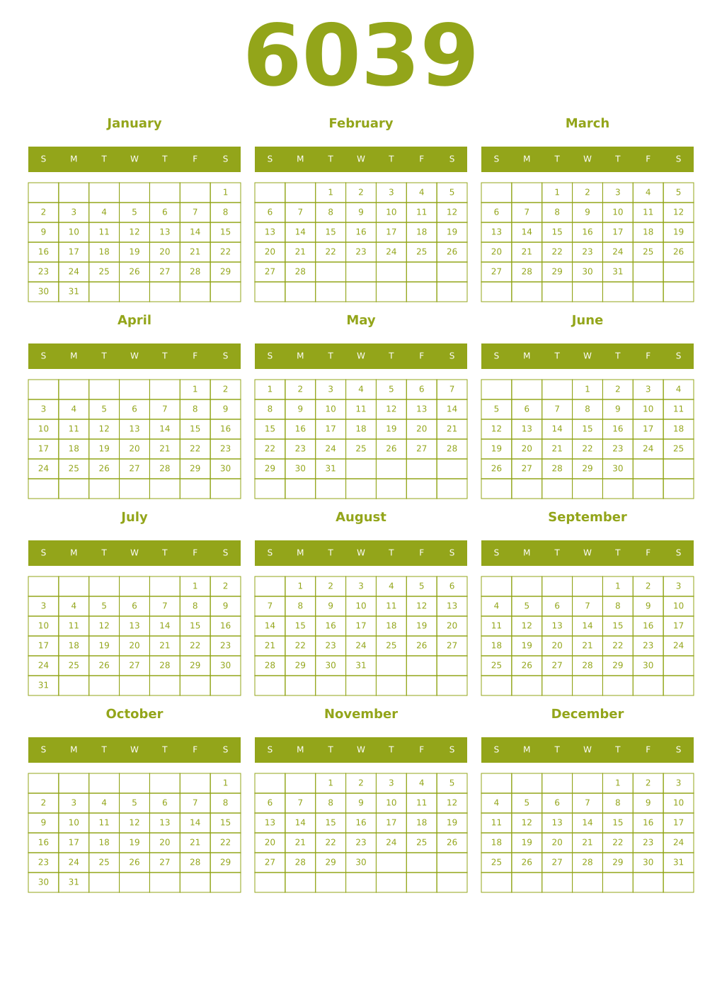 Printable 6039 Year Calendars chartreuse