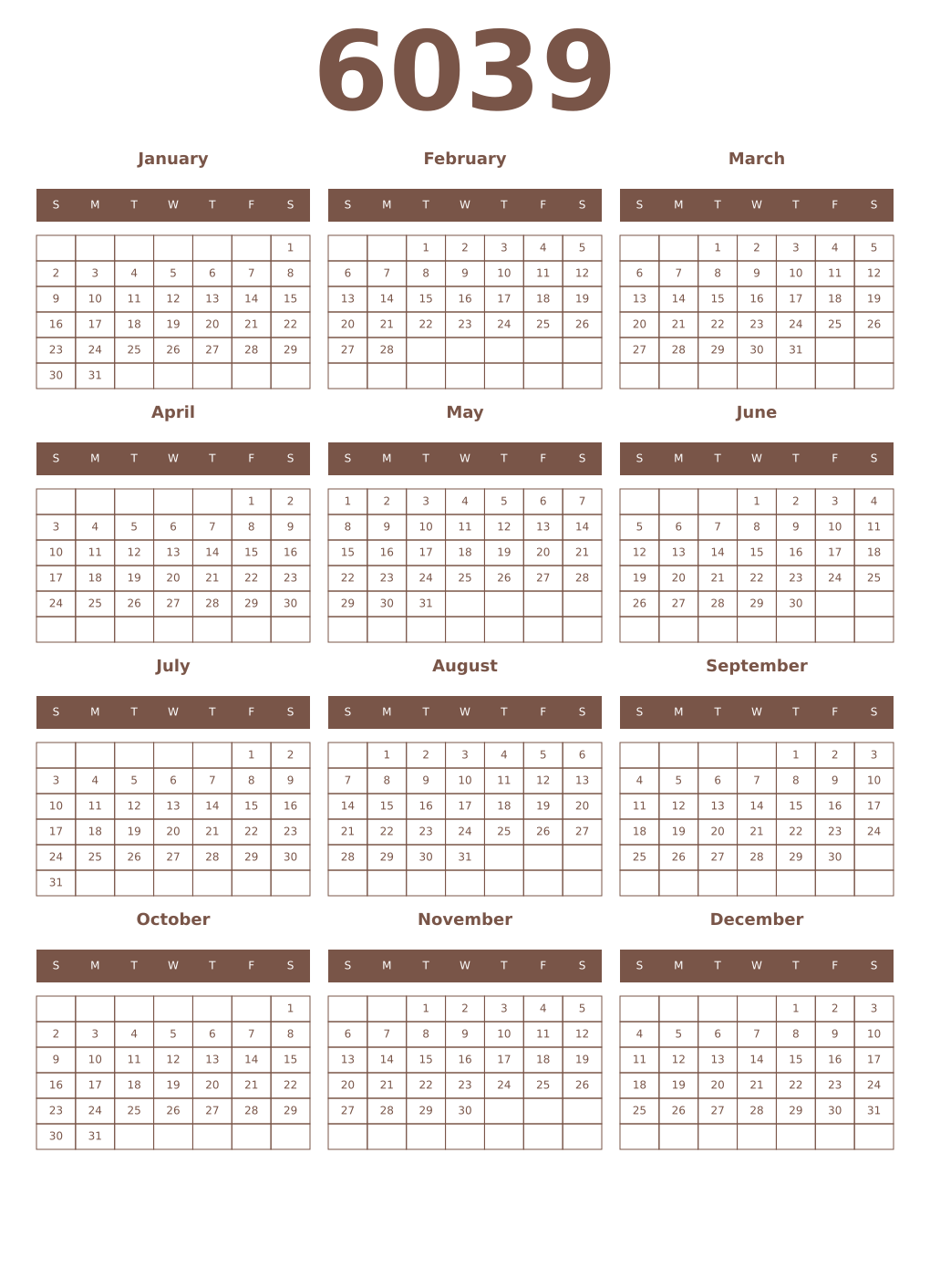 Printable 6039 Year Calendars coffe