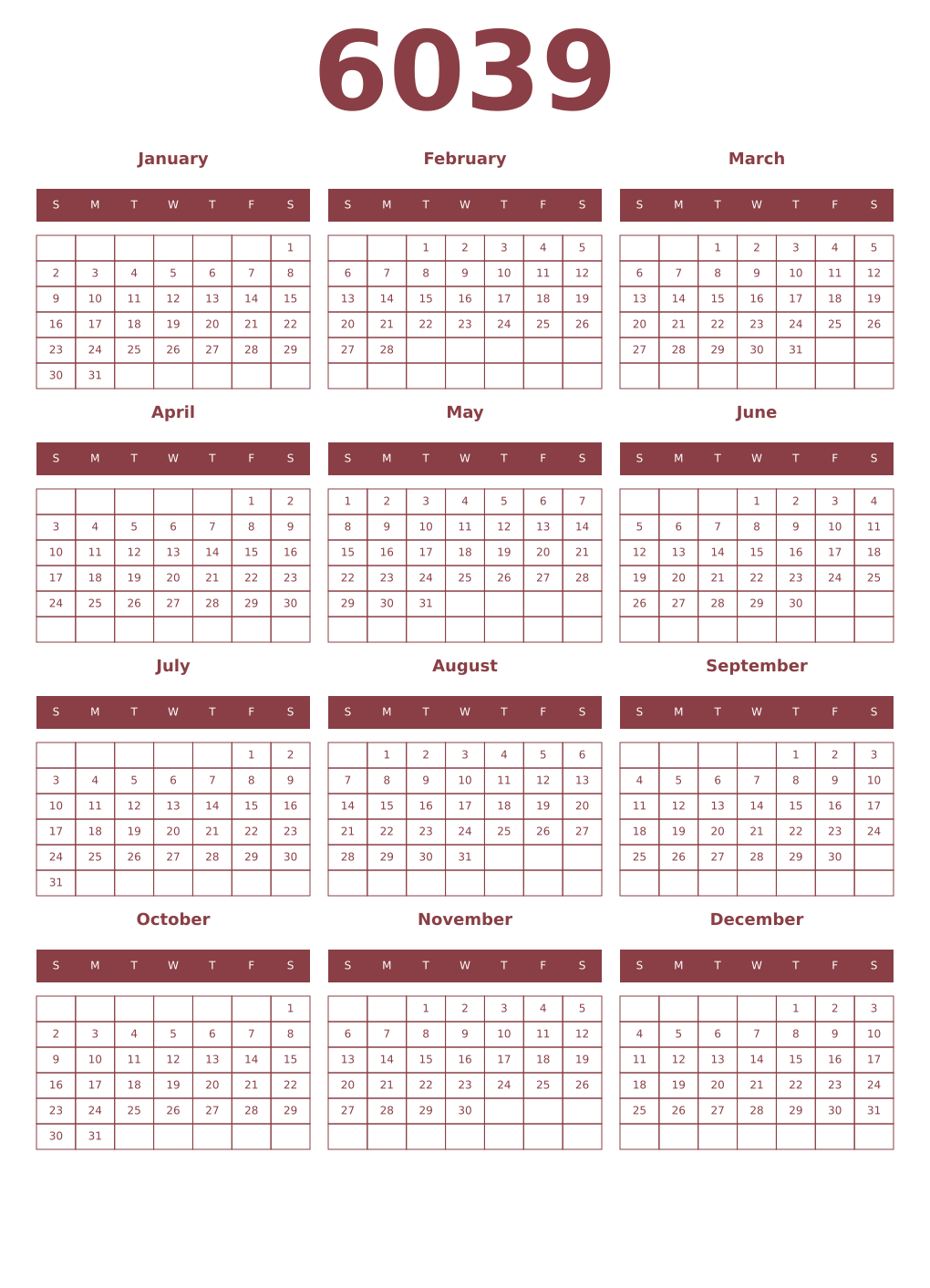 Printable 6039 Year Calendars cordovan