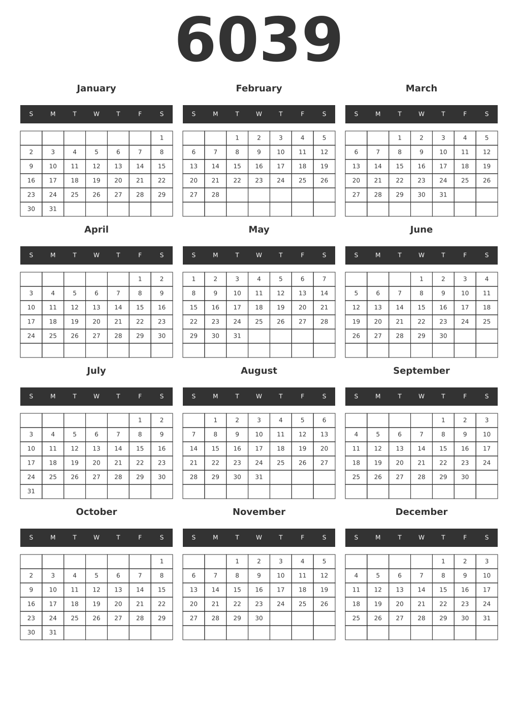 Printable 6039 Year Calendars dark