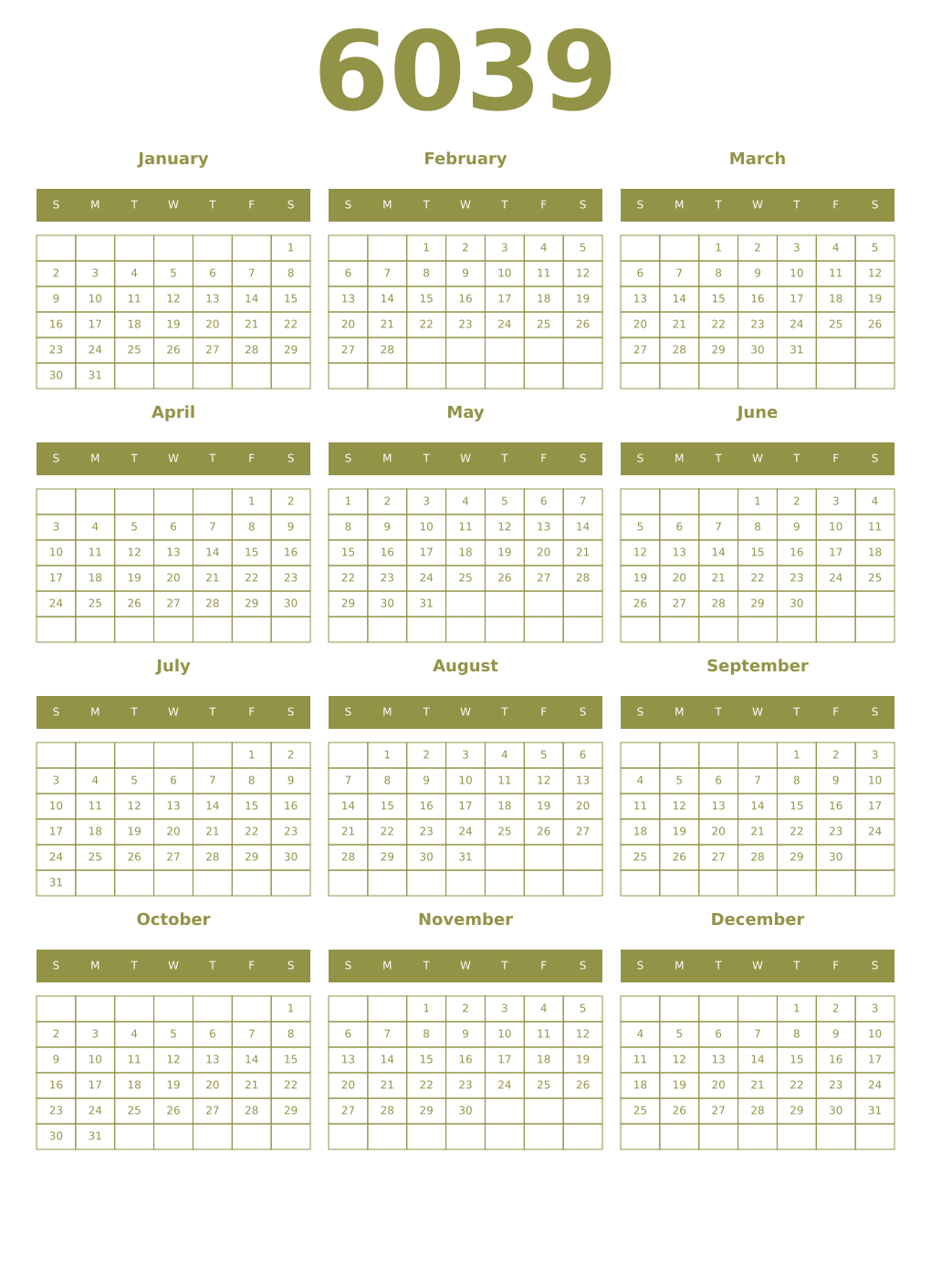Printable 6039 Year Calendars eburnean