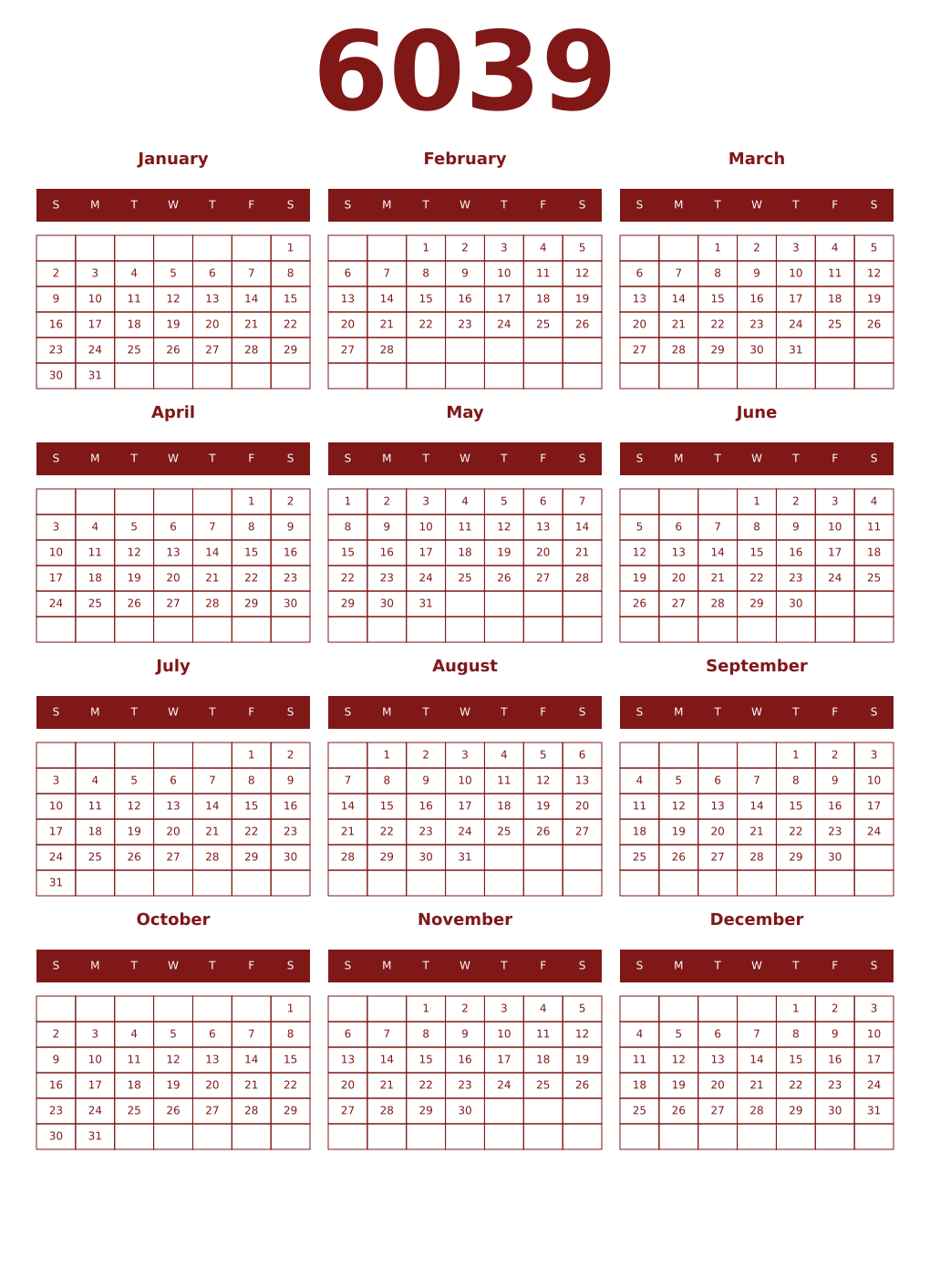Printable 6039 Year Calendars falu