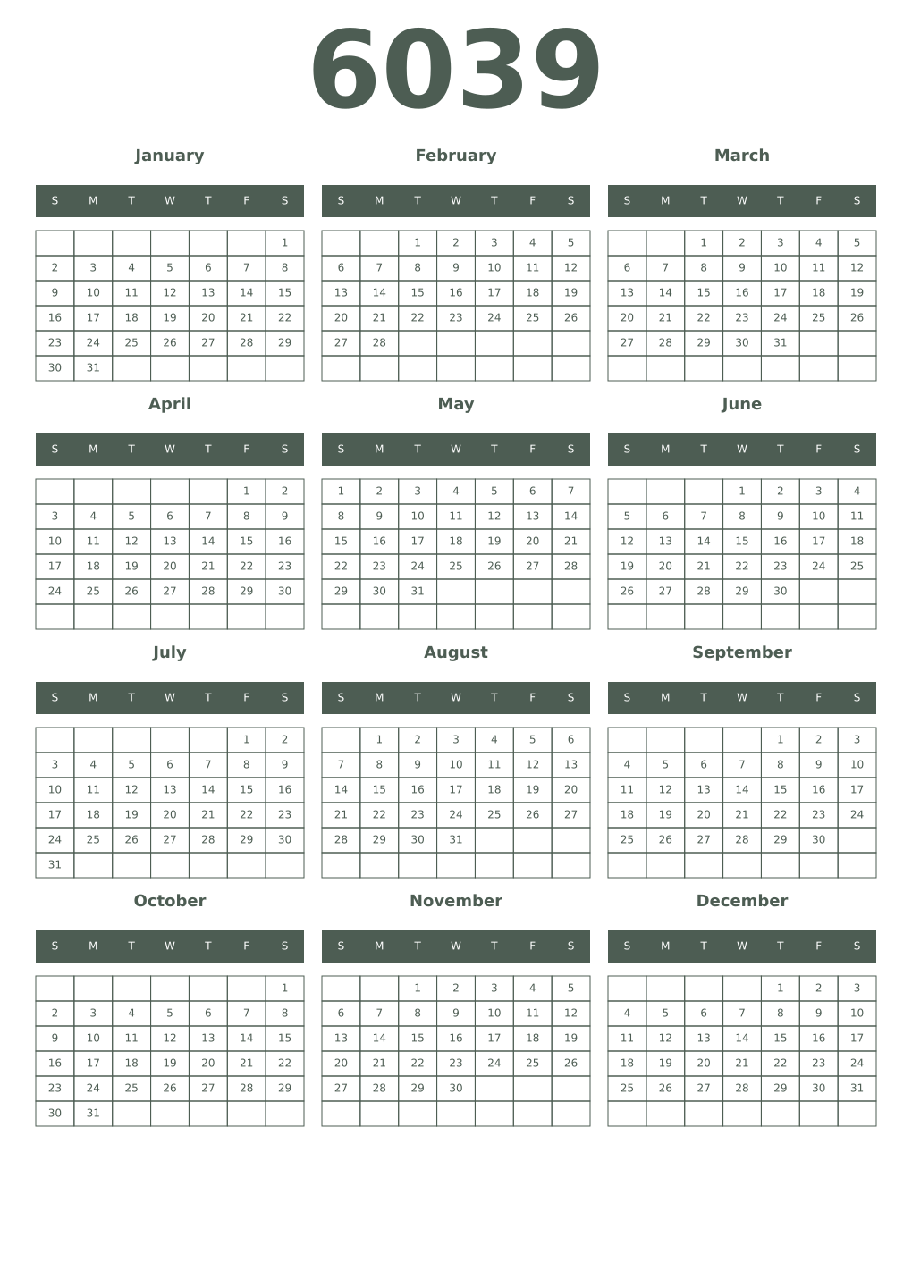 Printable 6039 Year Calendars feldgrau