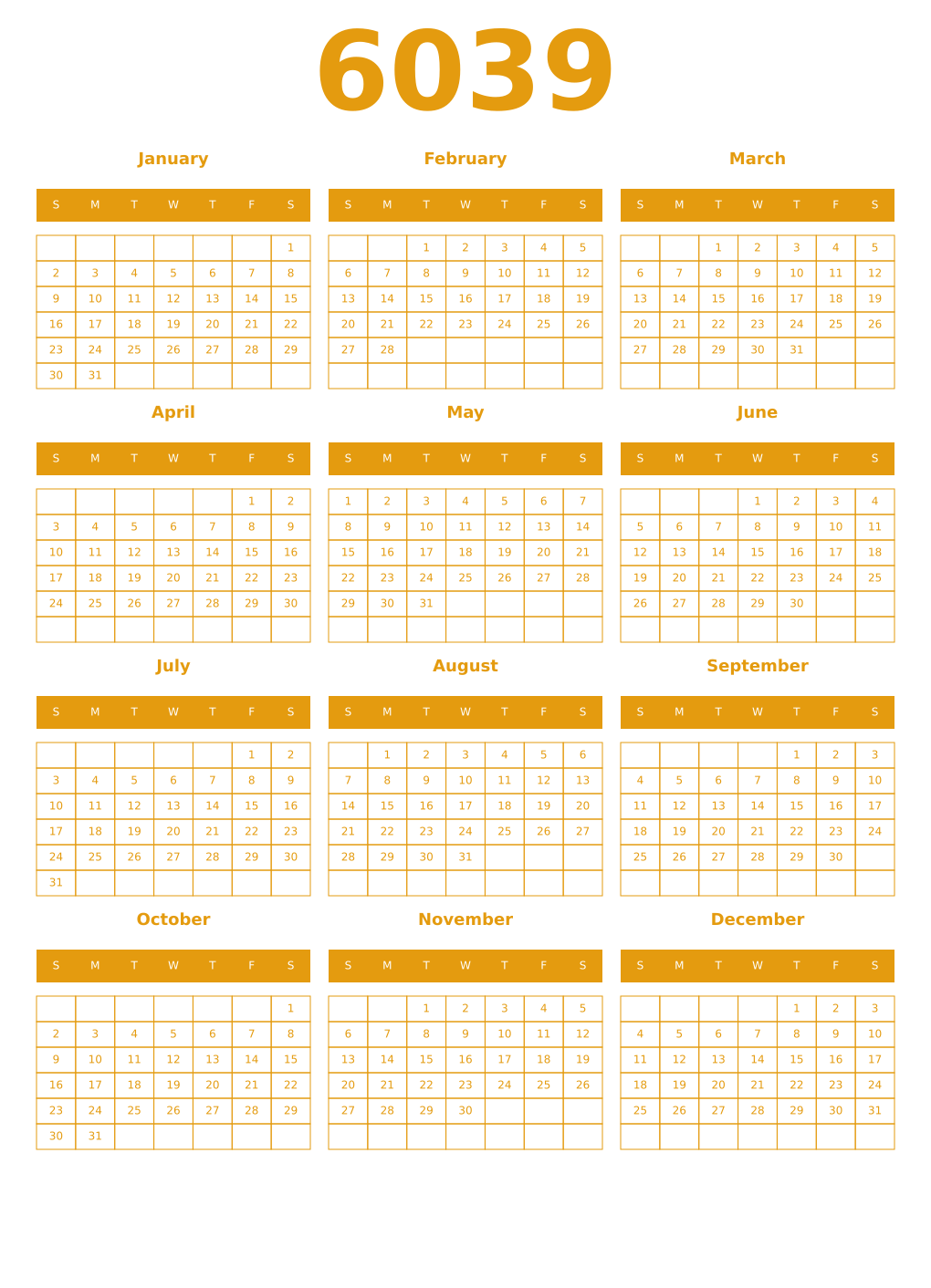 Printable 6039 Year Calendars gamboge