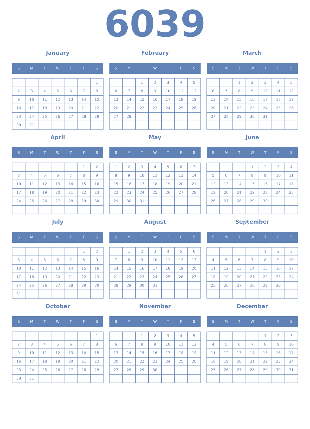 Printable 6039 Year Calendars glaucous
