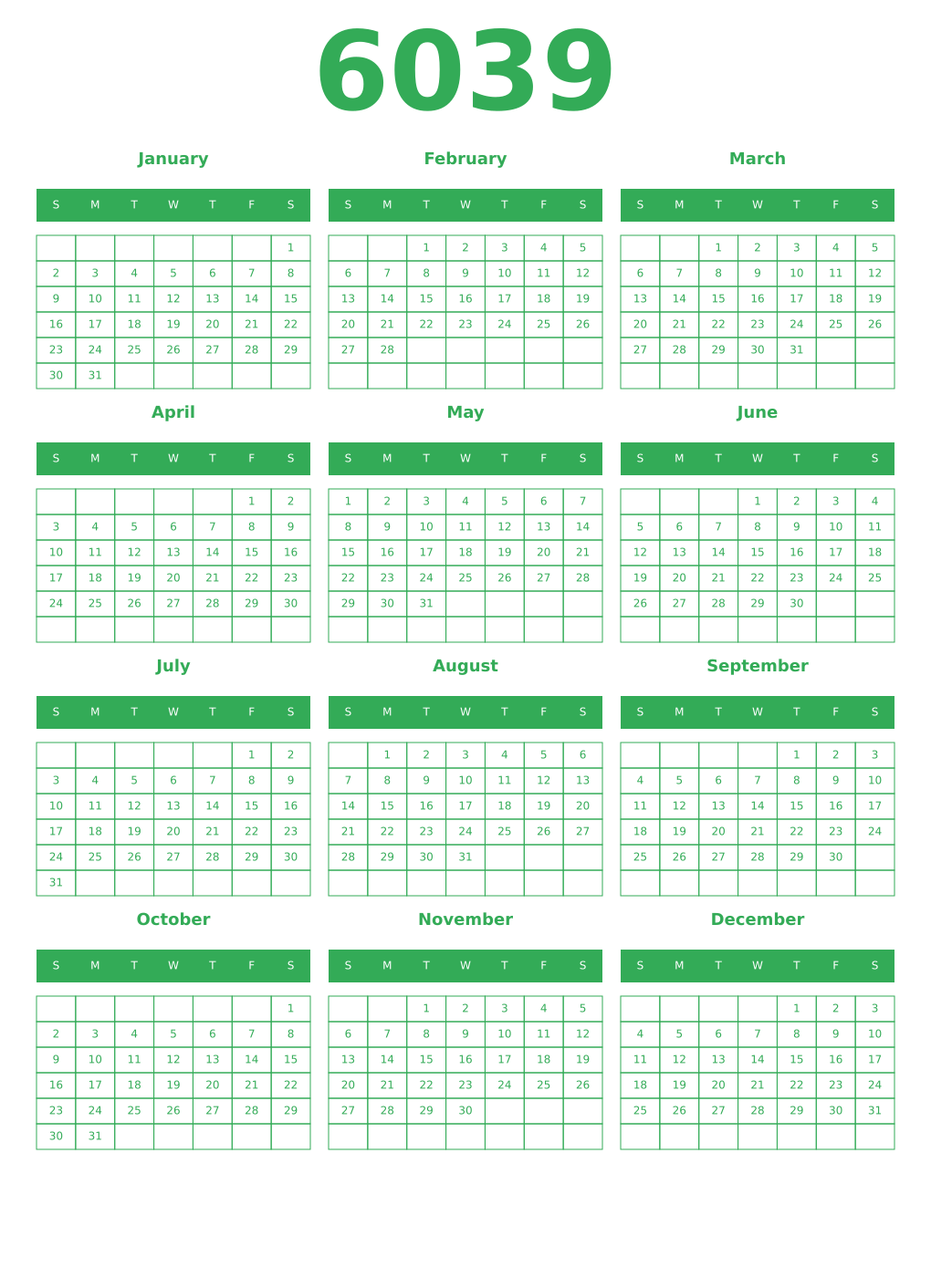 Printable 6039 Year Calendars green