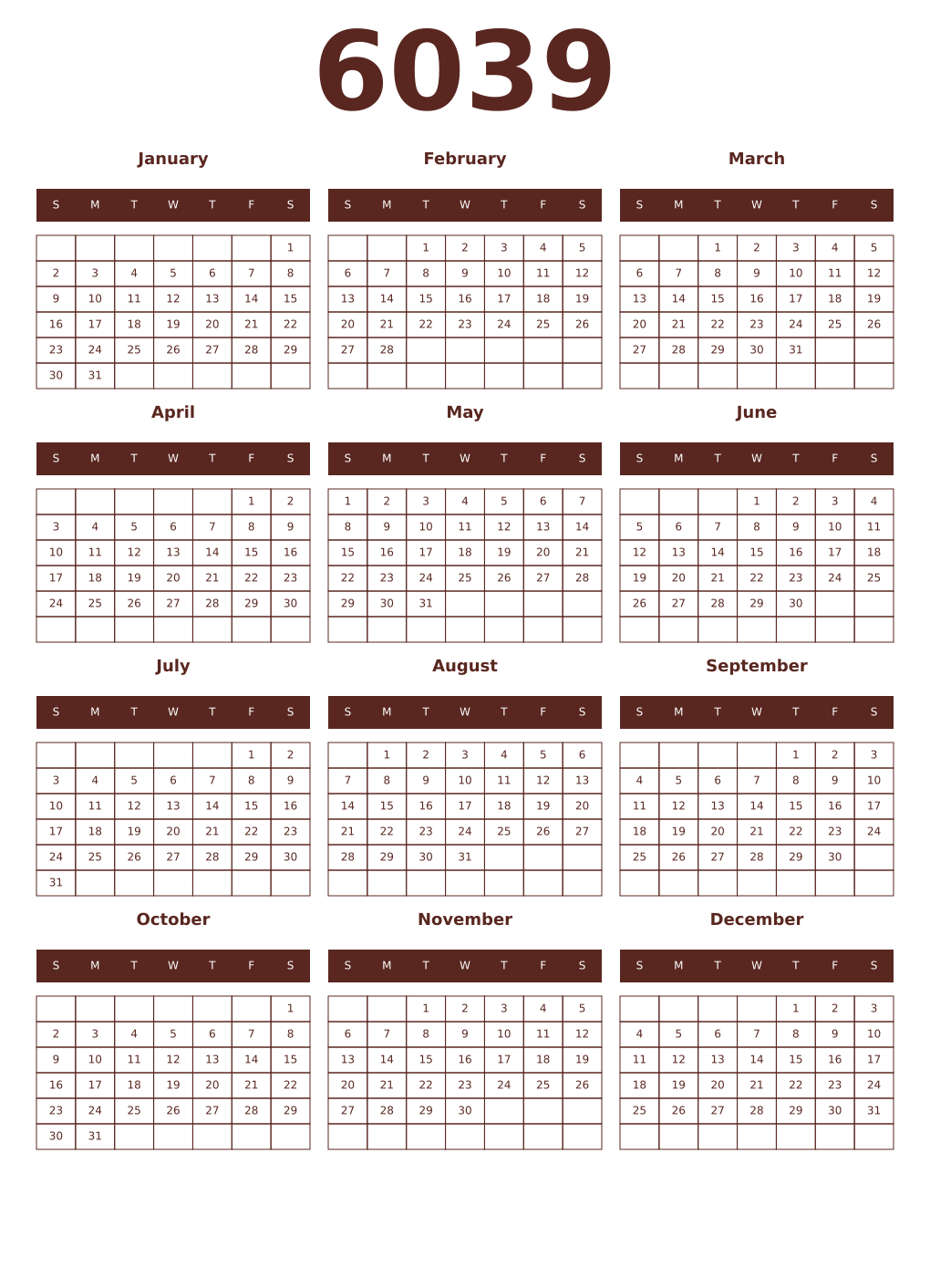 Printable 6039 Year Calendars mortuum