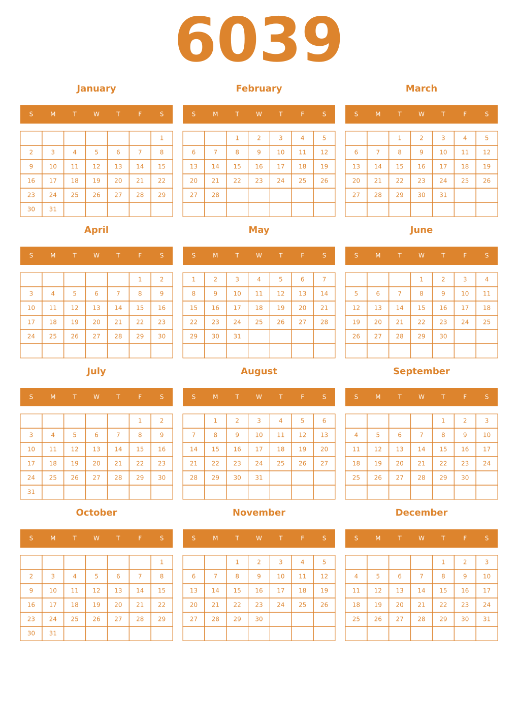 Printable 6039 Year Calendars orange