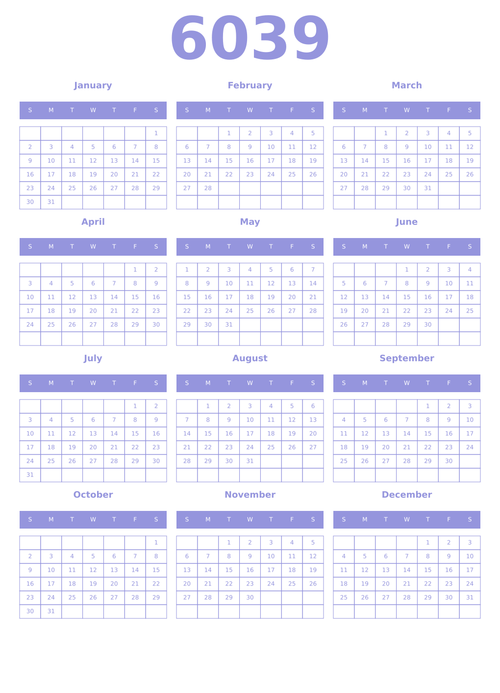 Printable 6039 Year Calendars periwinkle