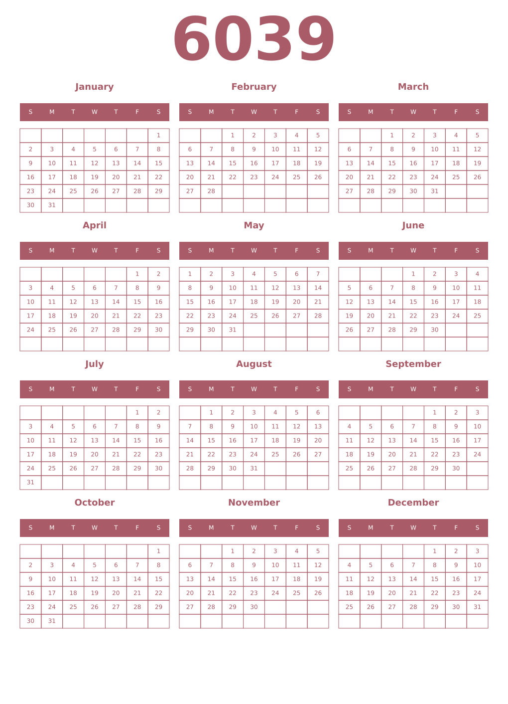 Printable 6039 Year Calendars puce