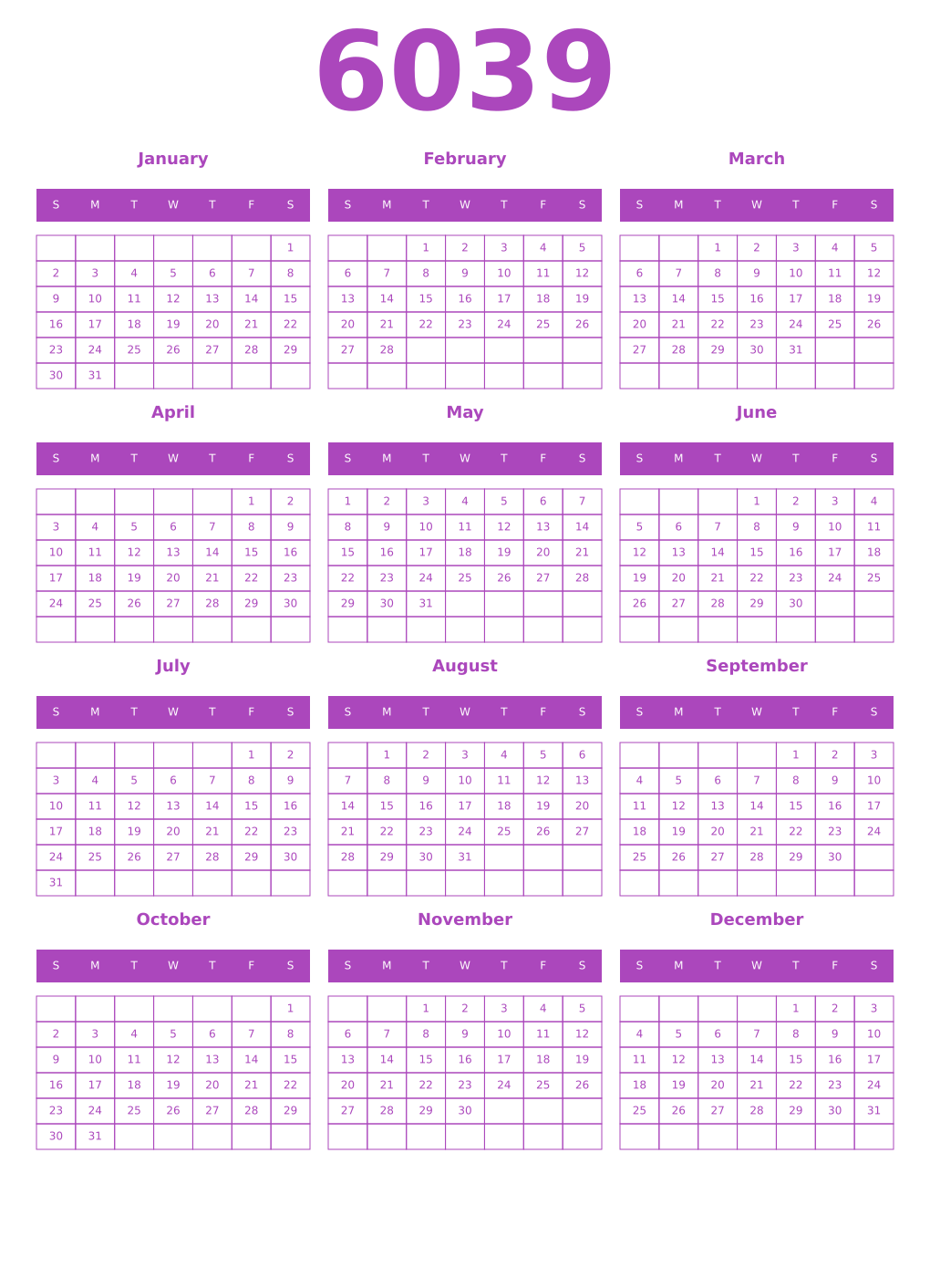 Printable 6039 Year Calendars purple