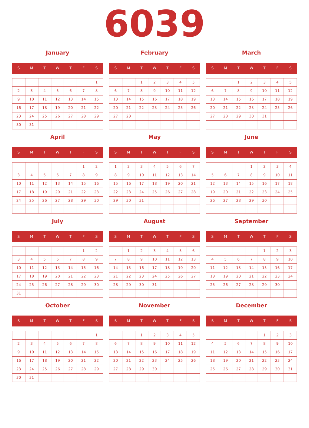 Printable 6039 Year Calendars red