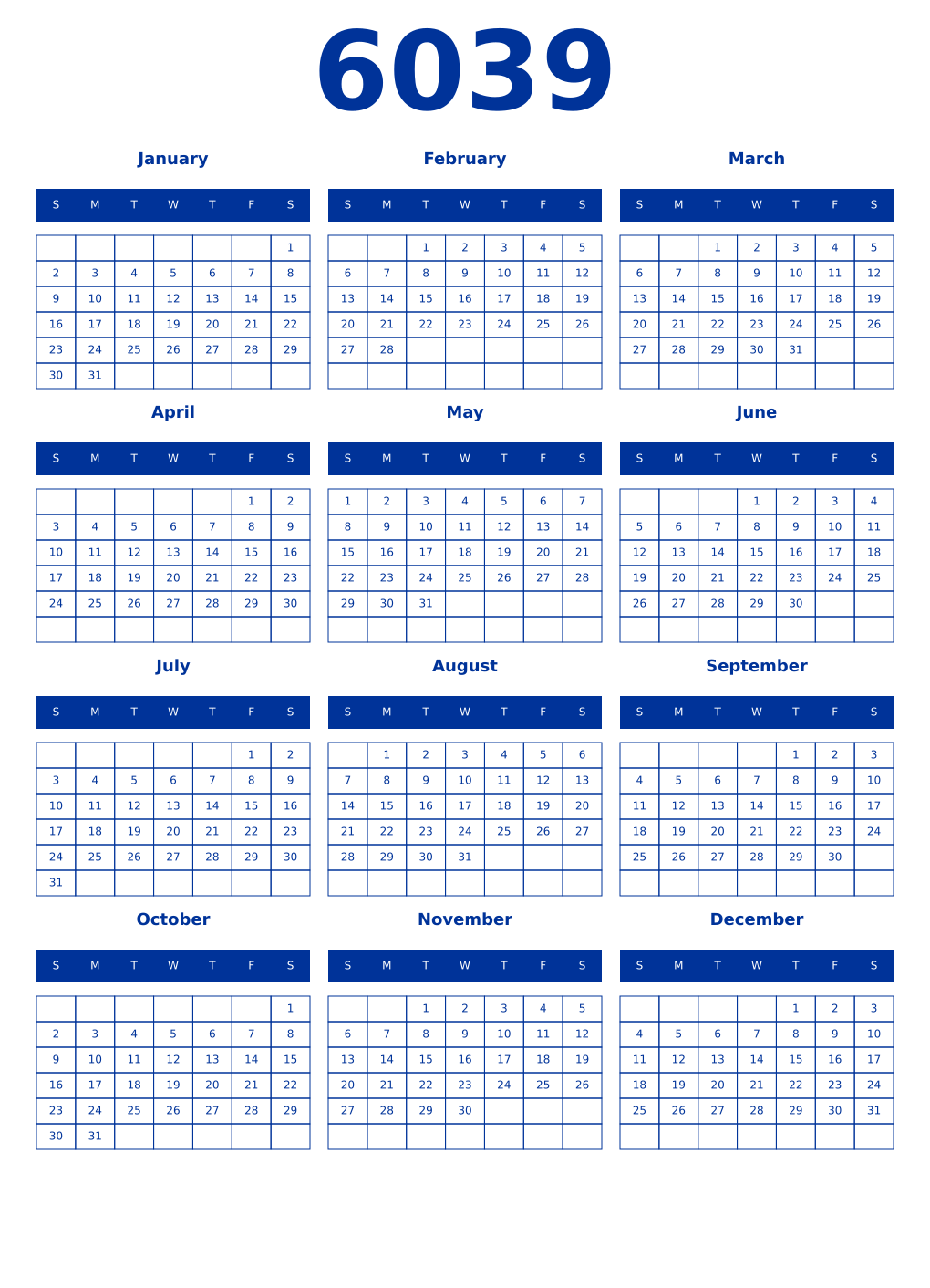 Printable 6039 Year Calendars smalt