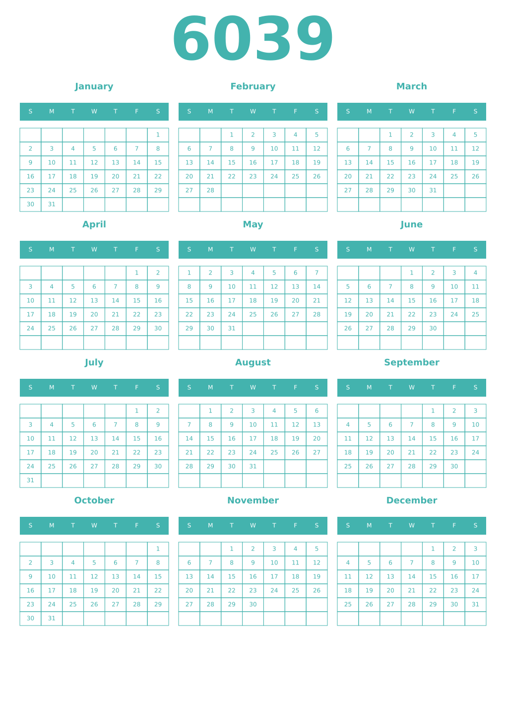 Printable 6039 Year Calendars verdigris