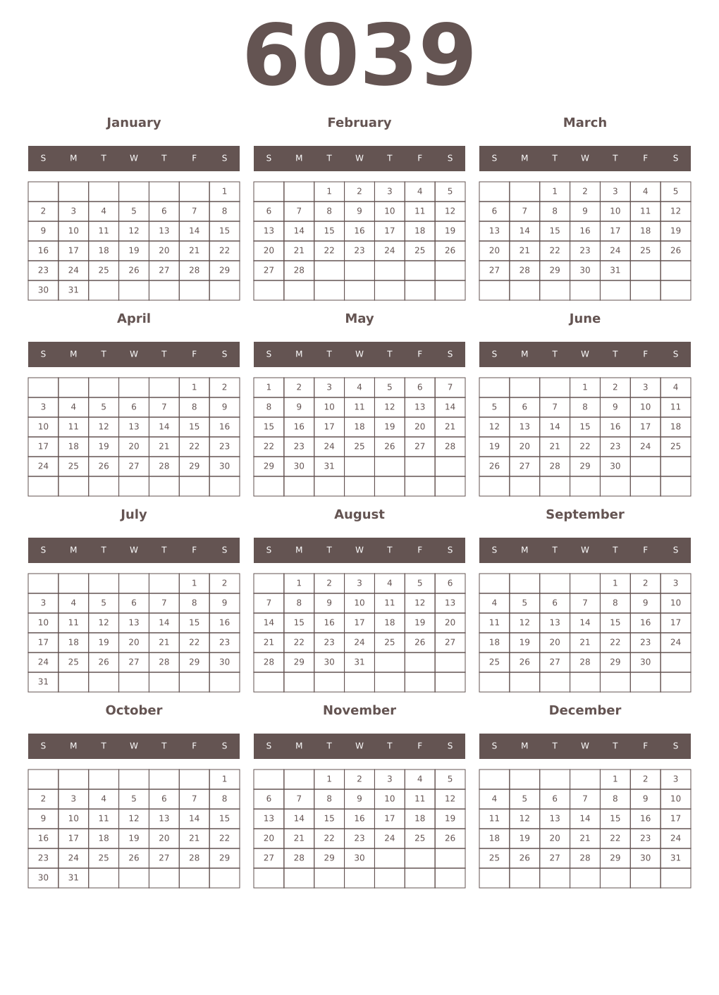 Printable 6039 Year Calendars wenge
