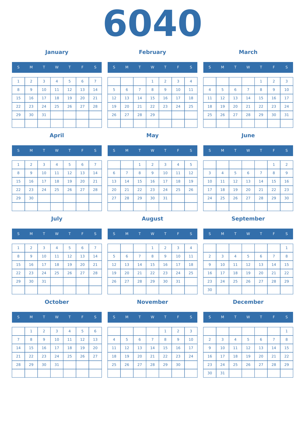 Printable 6040 Year Calendars blue