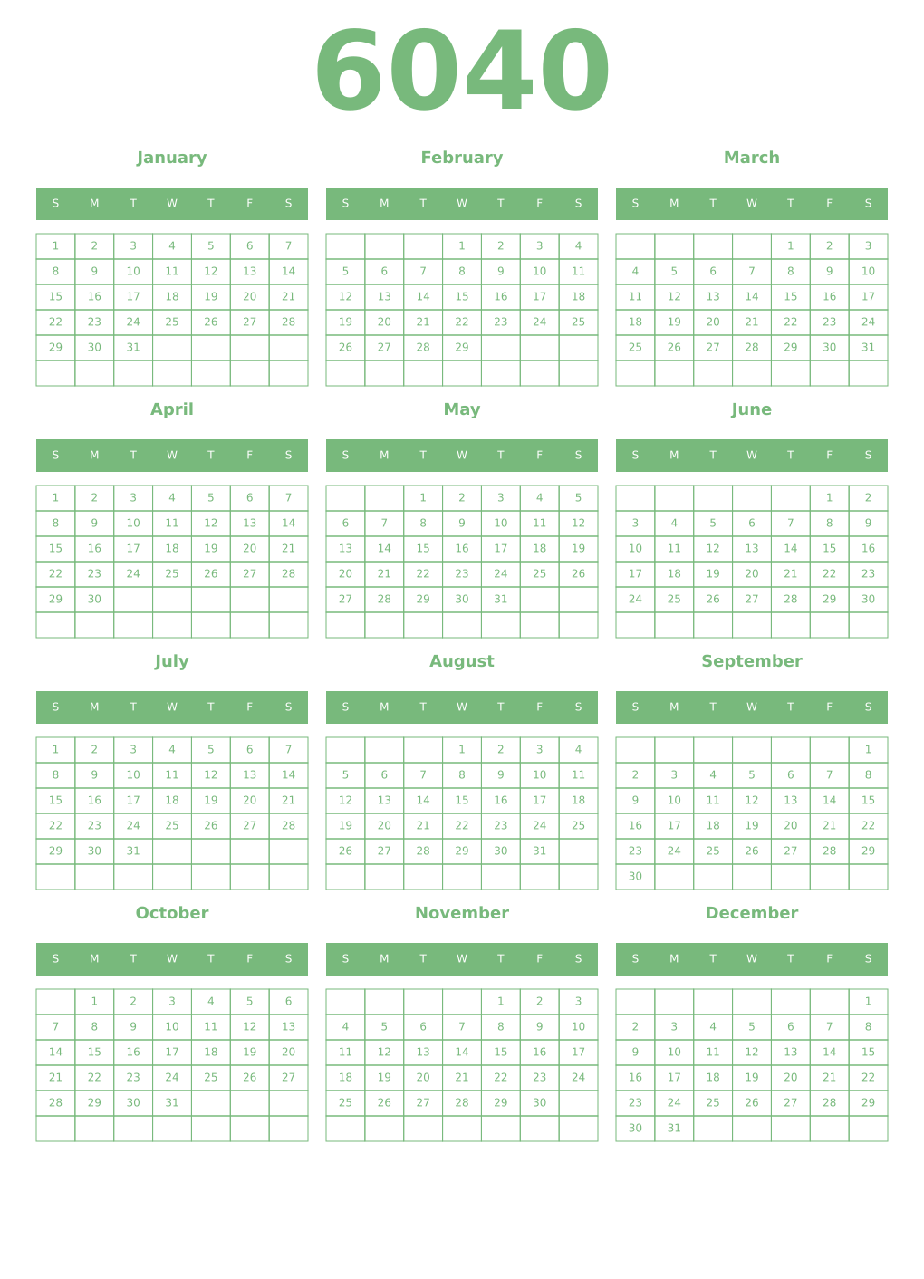 Printable 6040 Year Calendars celadon