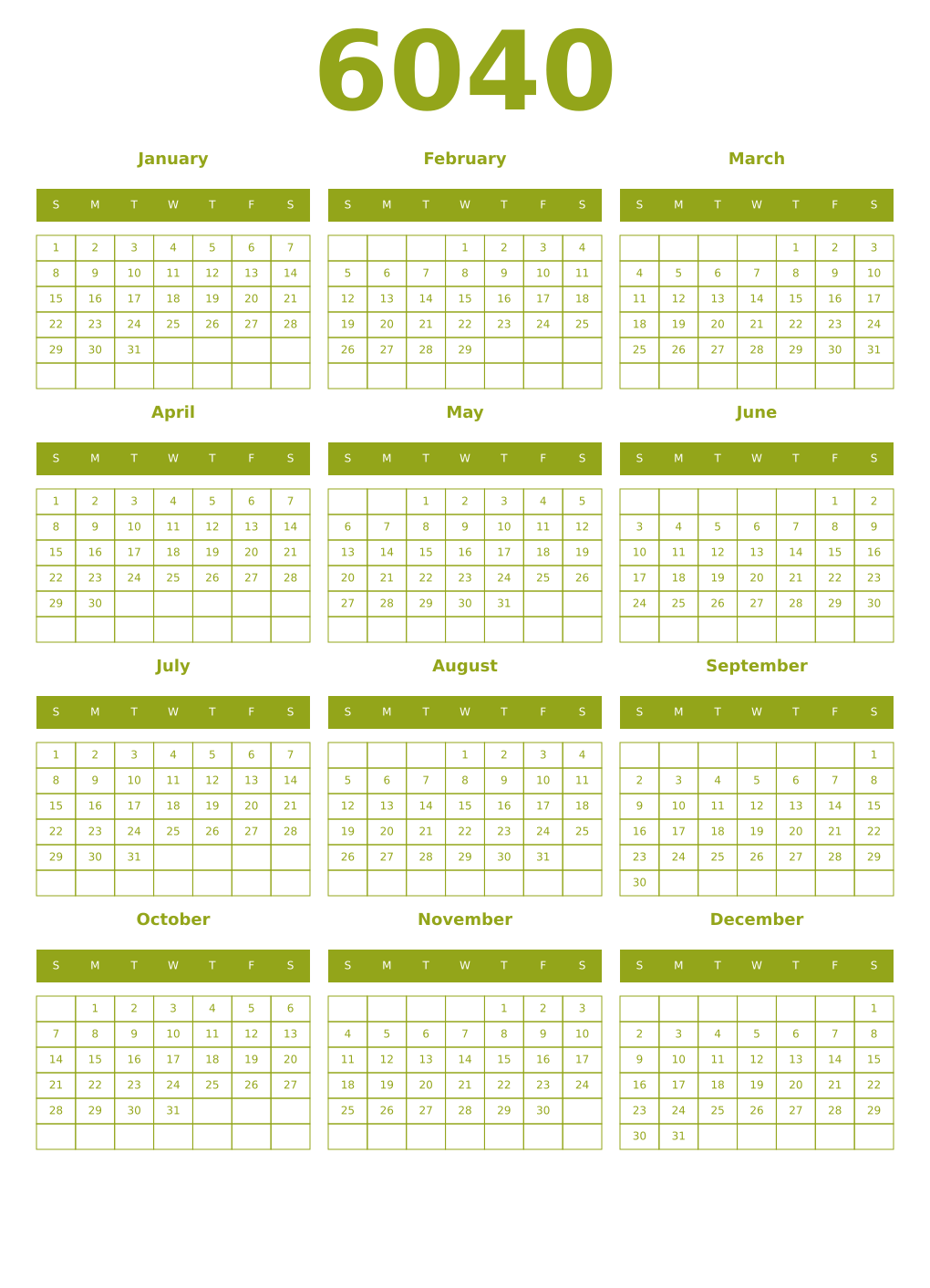 Printable 6040 Year Calendars chartreuse