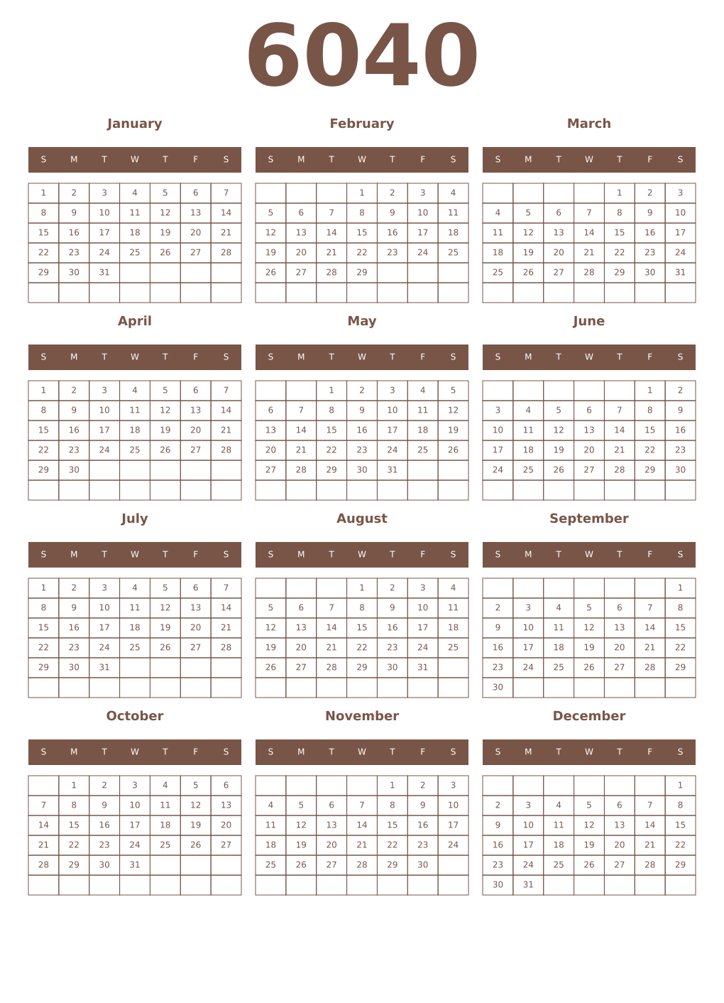 Printable 6040 Year Calendars coffe