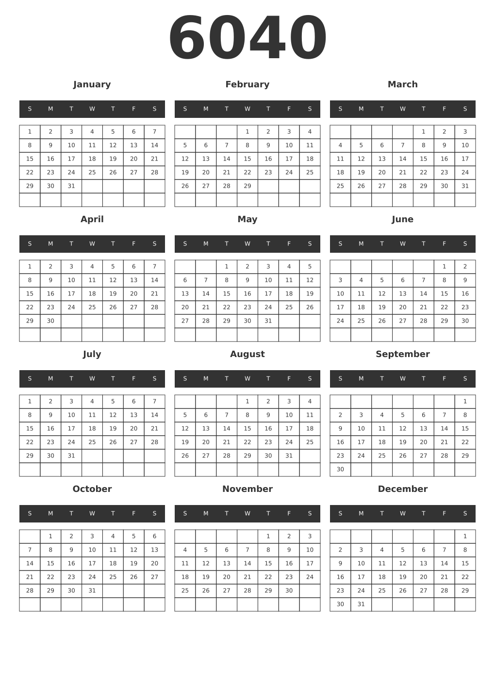Printable 6040 Year Calendars dark