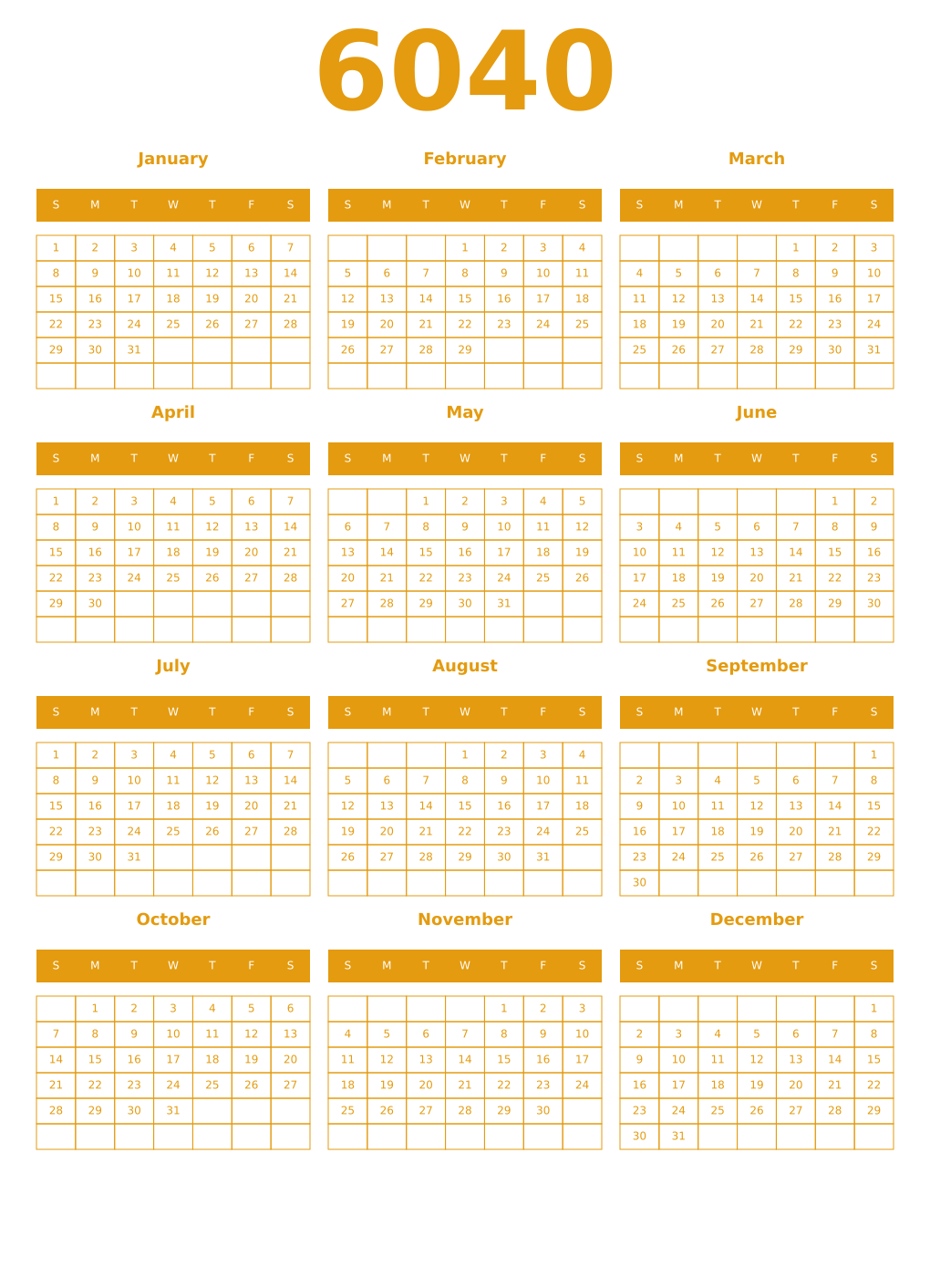 Printable 6040 Year Calendars gamboge