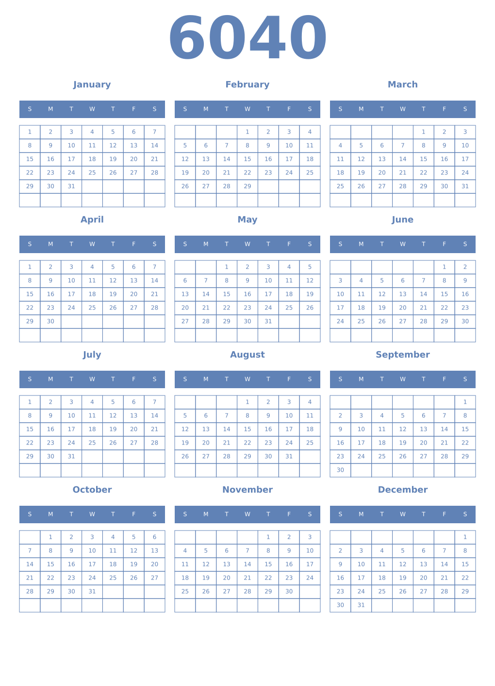 Printable 6040 Year Calendars glaucous