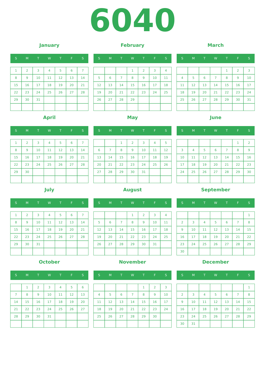 Printable 6040 Year Calendars green