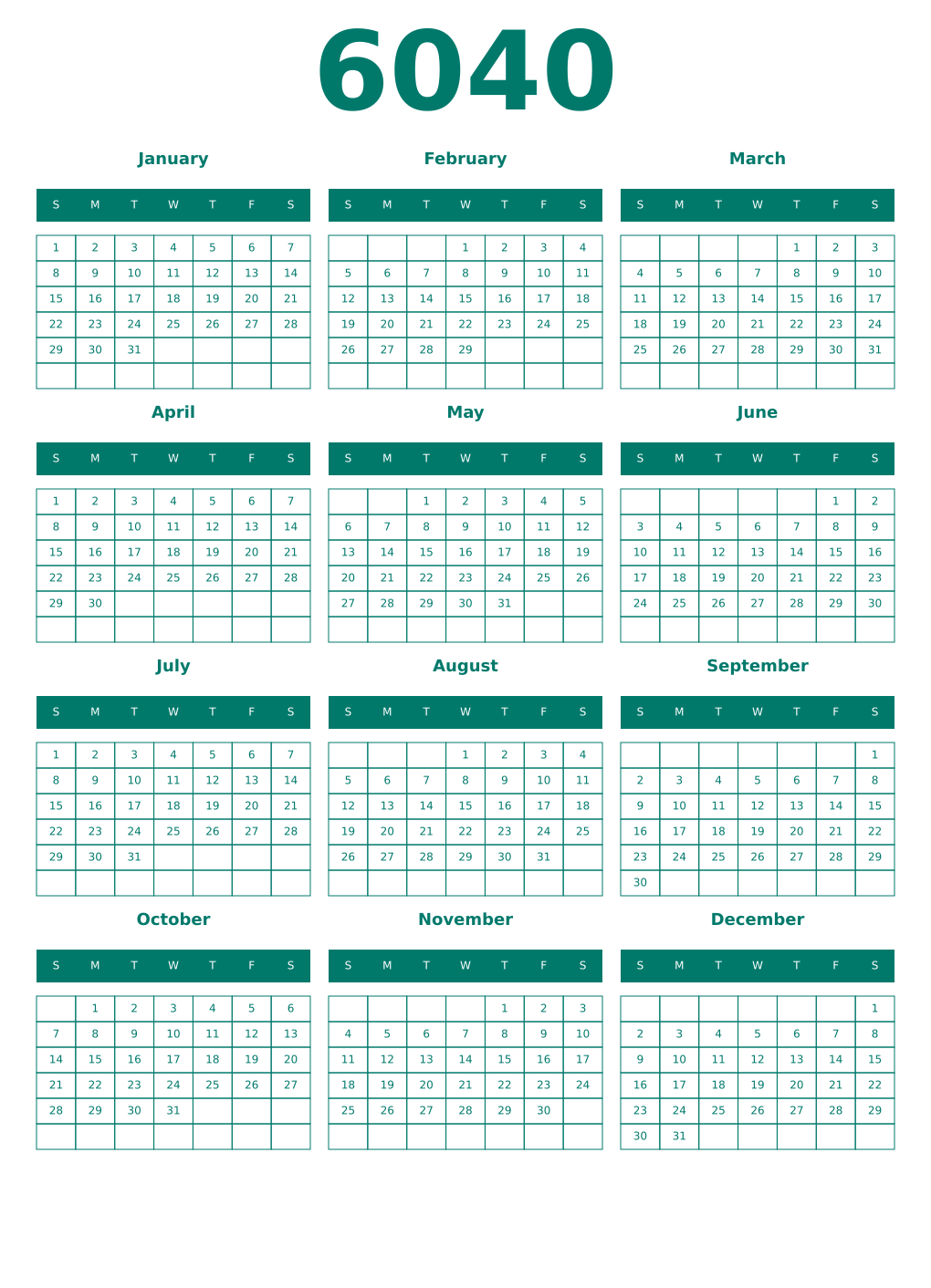 Printable 6040 Year Calendars pastel