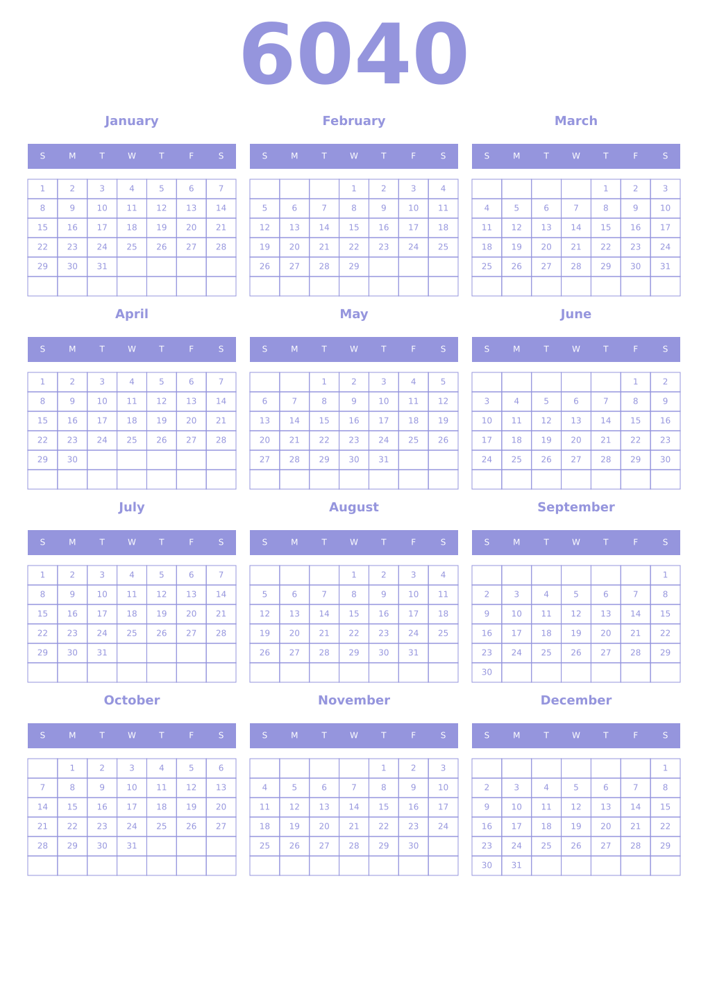Printable 6040 Year Calendars periwinkle