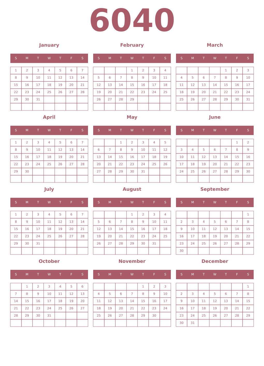 Printable 6040 Year Calendars puce