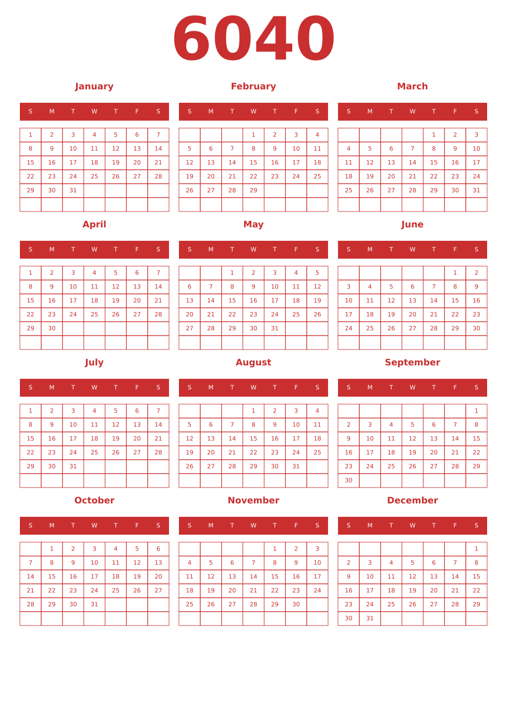 Printable 6040 Year Calendars red